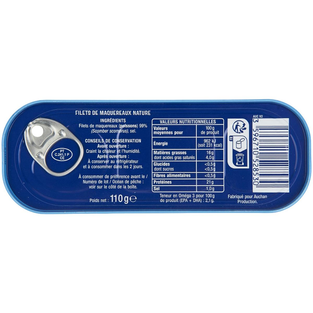 AUCHAN Filets de maquereaux nature 110g