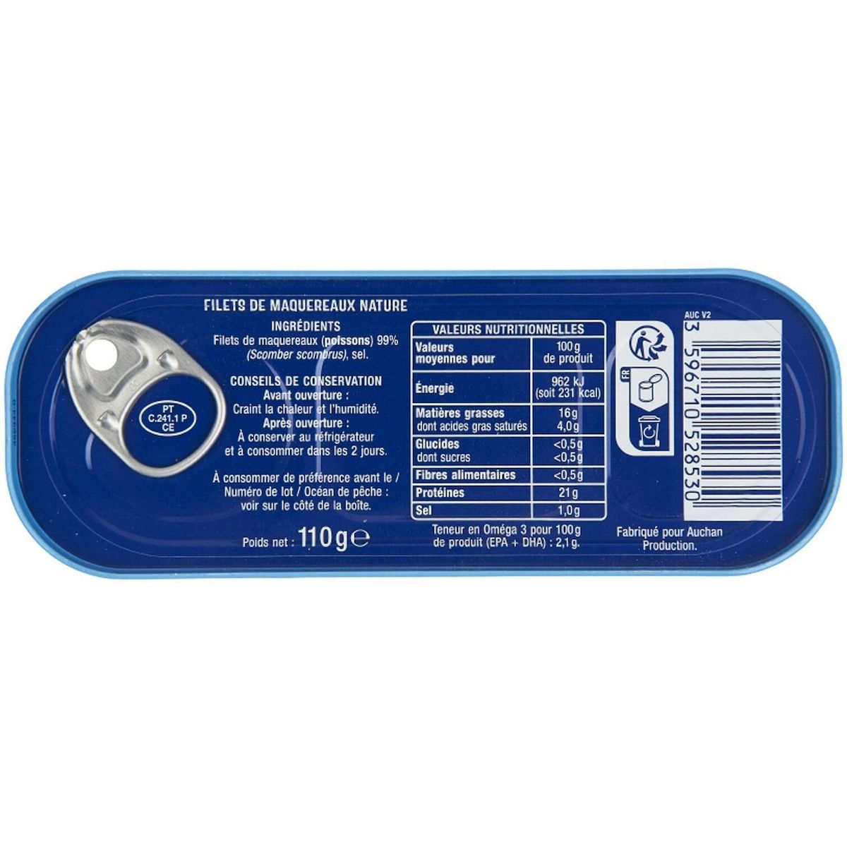 AUCHAN Filets de maquereaux nature 110g