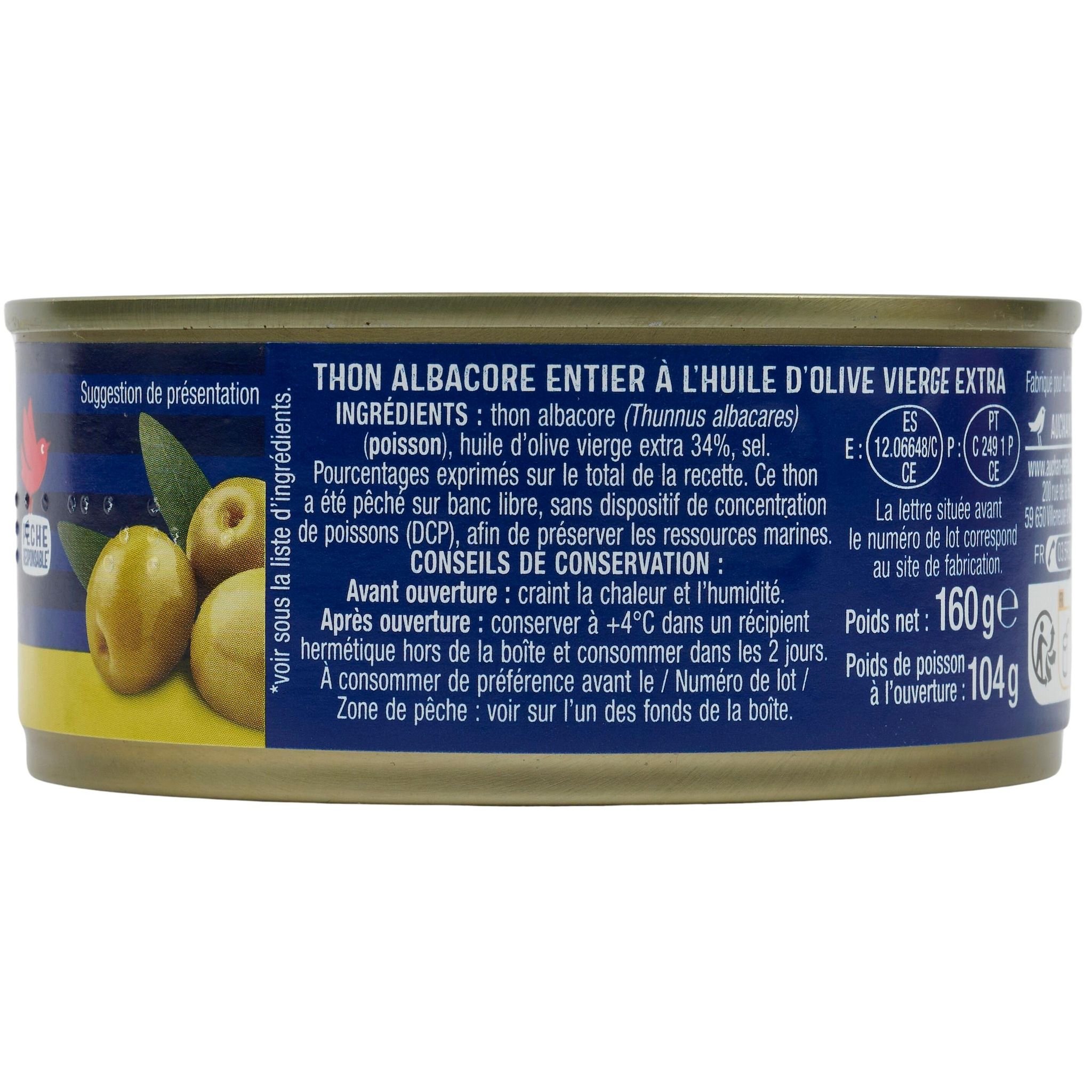 Voir la diapositive 3 : AUCHAN Thon albacore à l'huile d'olive vierge extra 160g