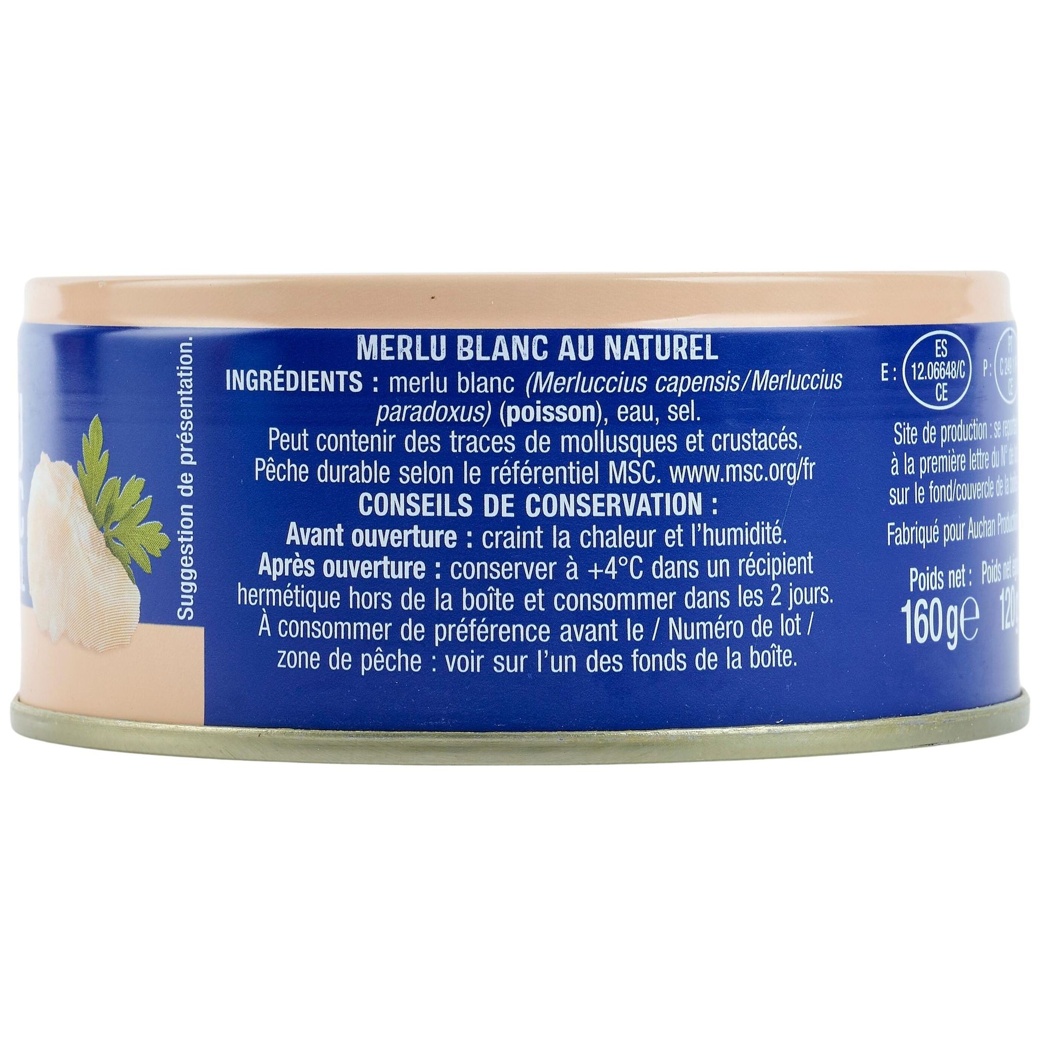 Voir la diapositive 2 : AUCHAN Merlu blanc MSC au naturel 120g
