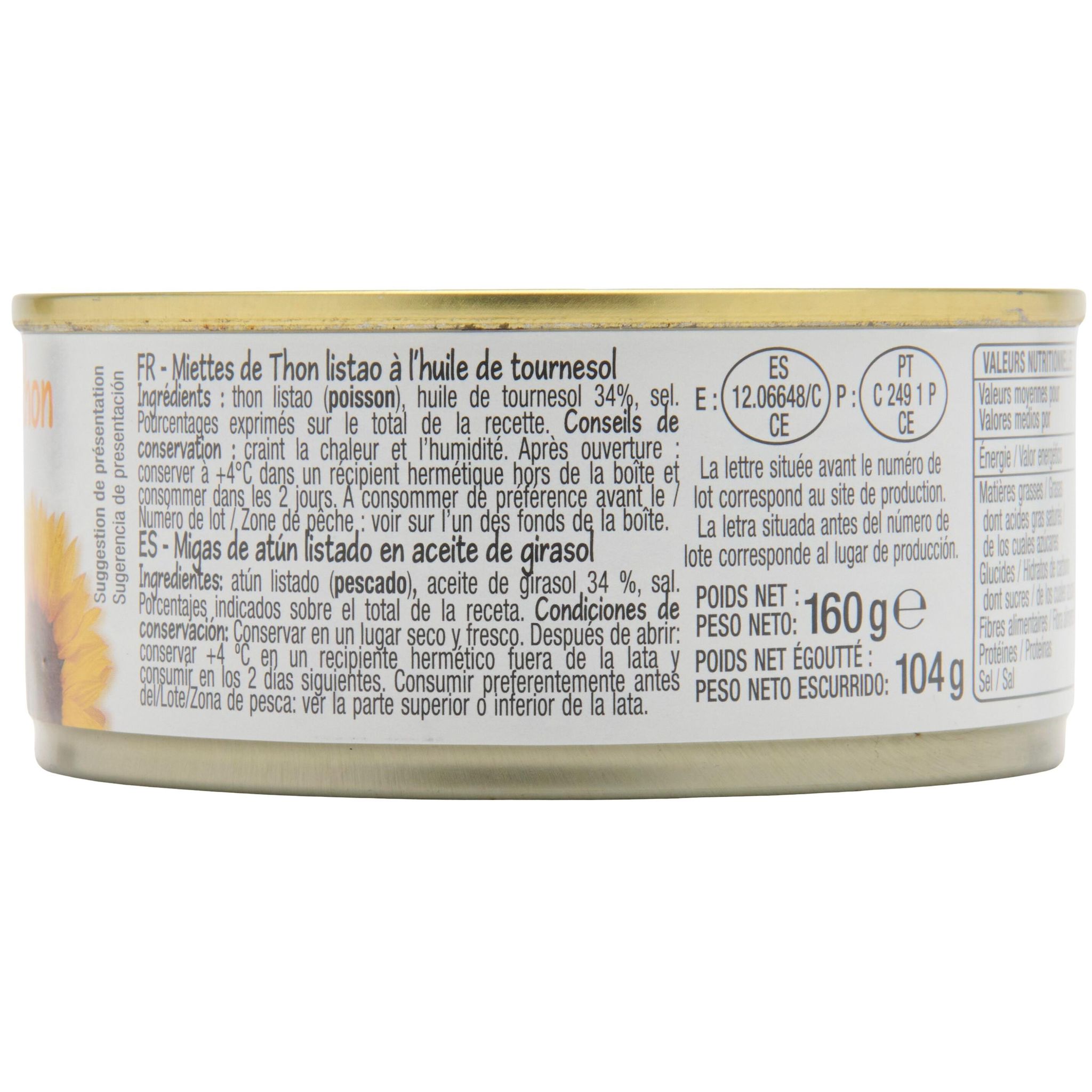 Voir la diapositive 3 : POUCE Miettes de thon à l'huile de tournesol 160g