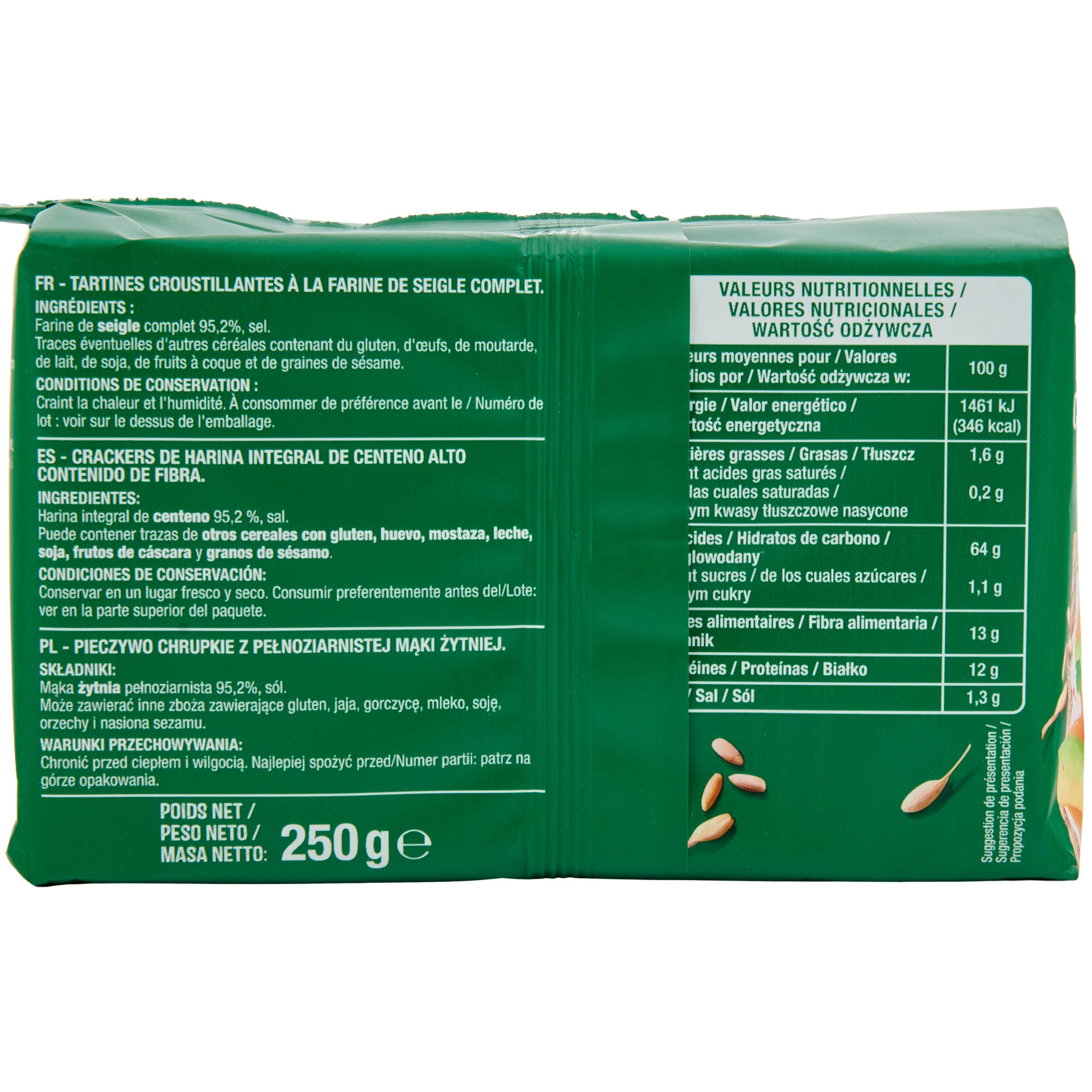 Voir la diapositive 2 : AUCHAN Tartines croustillantes seigle 28 tartines 250g