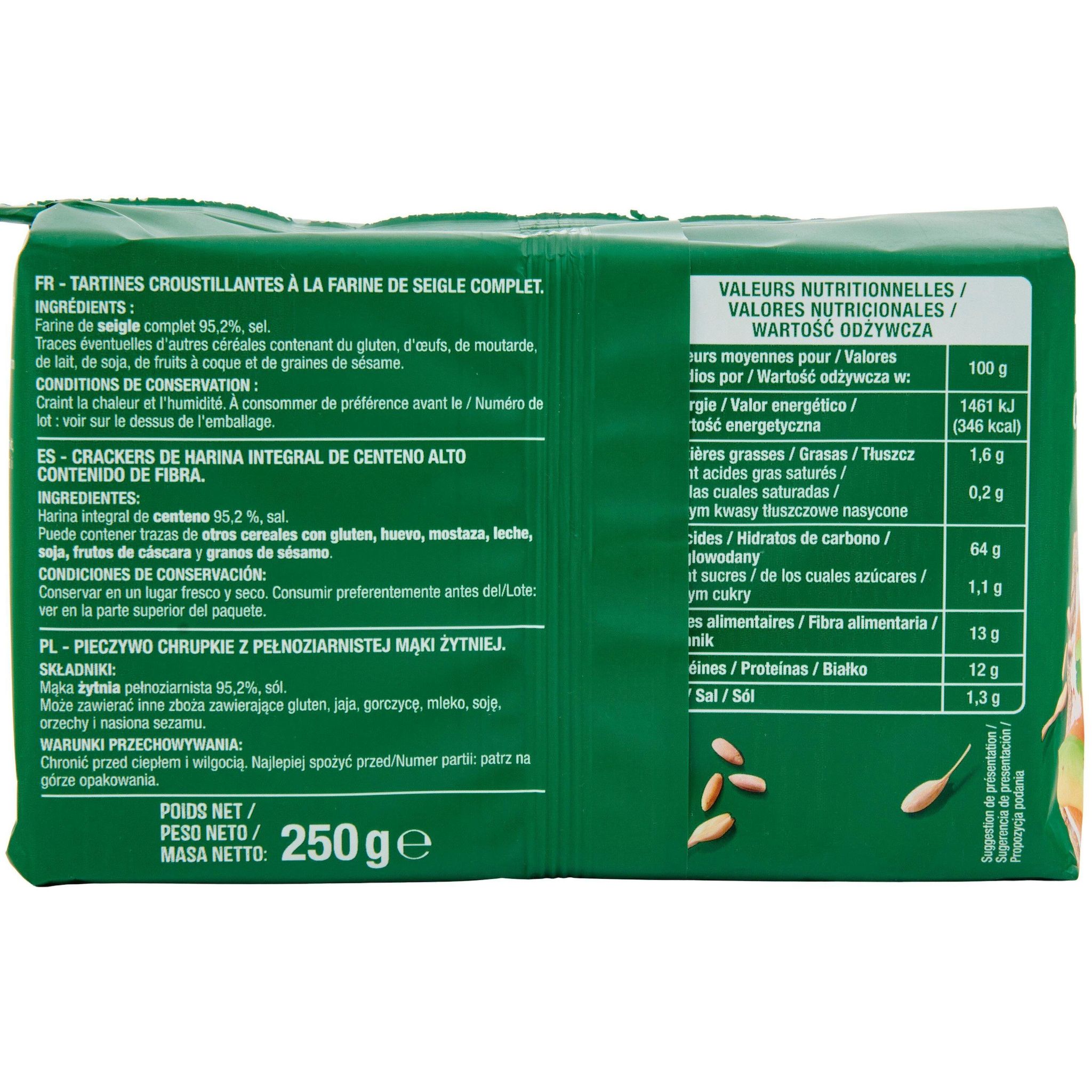 Voir la diapositive 3 : AUCHAN Tartines croustillantes seigle 28 tartines 250g