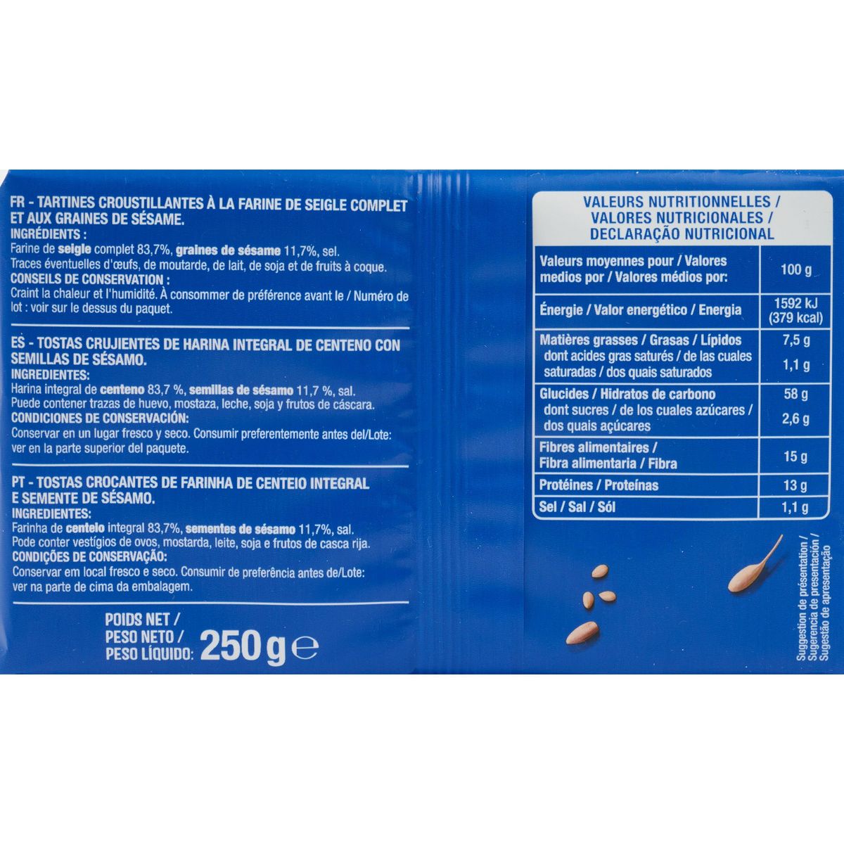 AUCHAN Tartines croustillantes seigle et sésame 26 tartines 250g