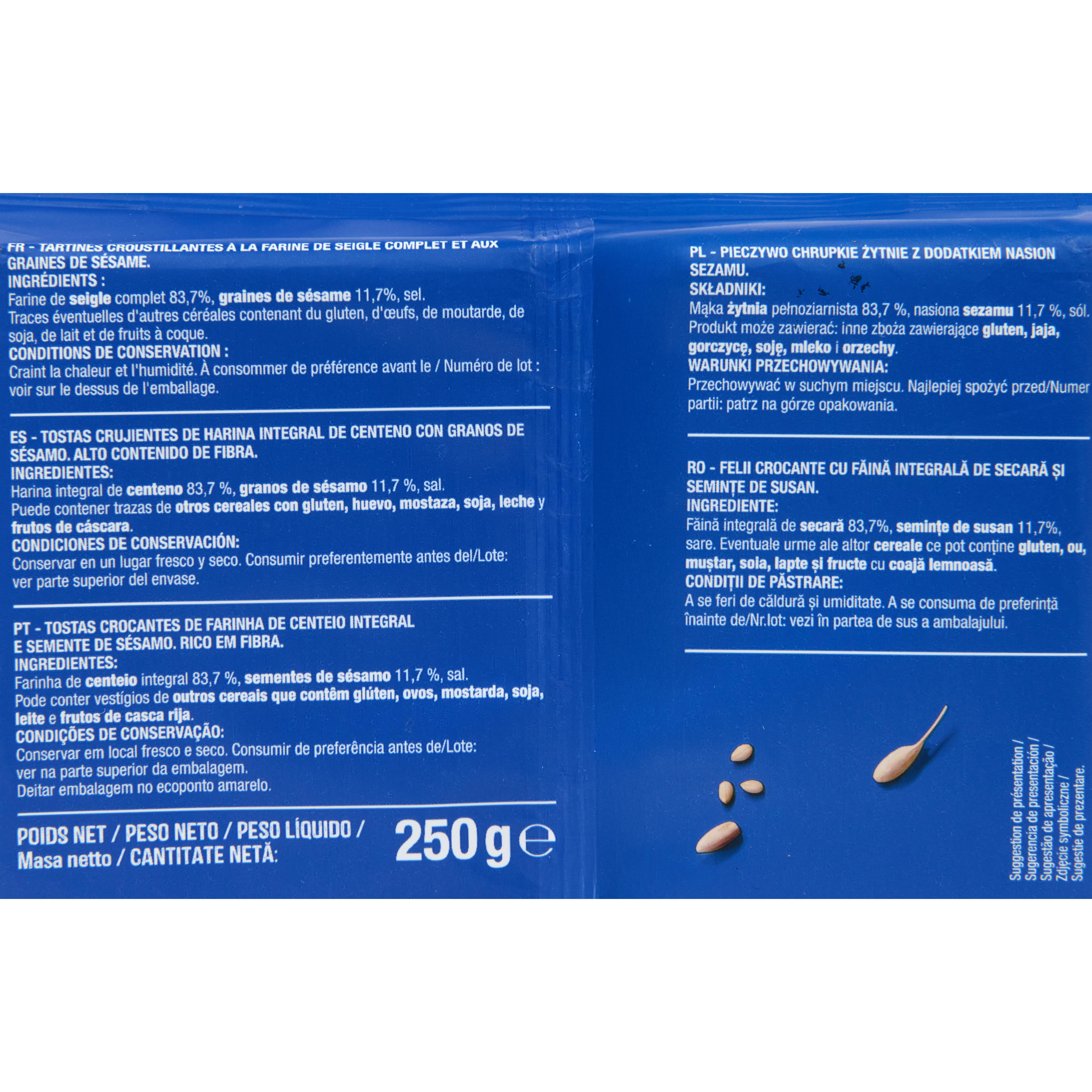Voir la diapositive 3 : AUCHAN Tartines croustillantes seigle et sésame 26 tartines 250g