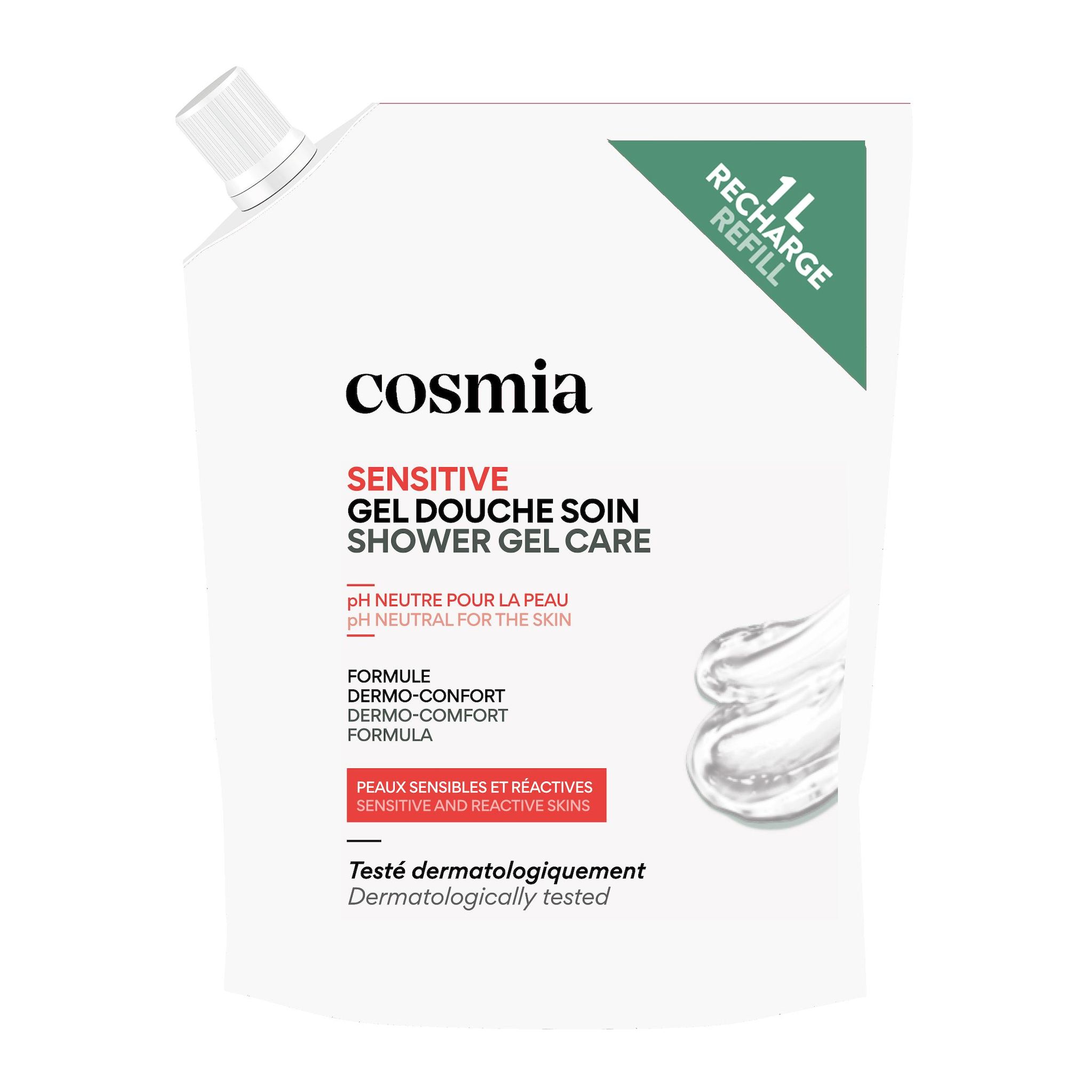 Voir la diapositive 3 : COSMIA Sensitive Recharge gel douche soin peaux sensibles et réactives 1l