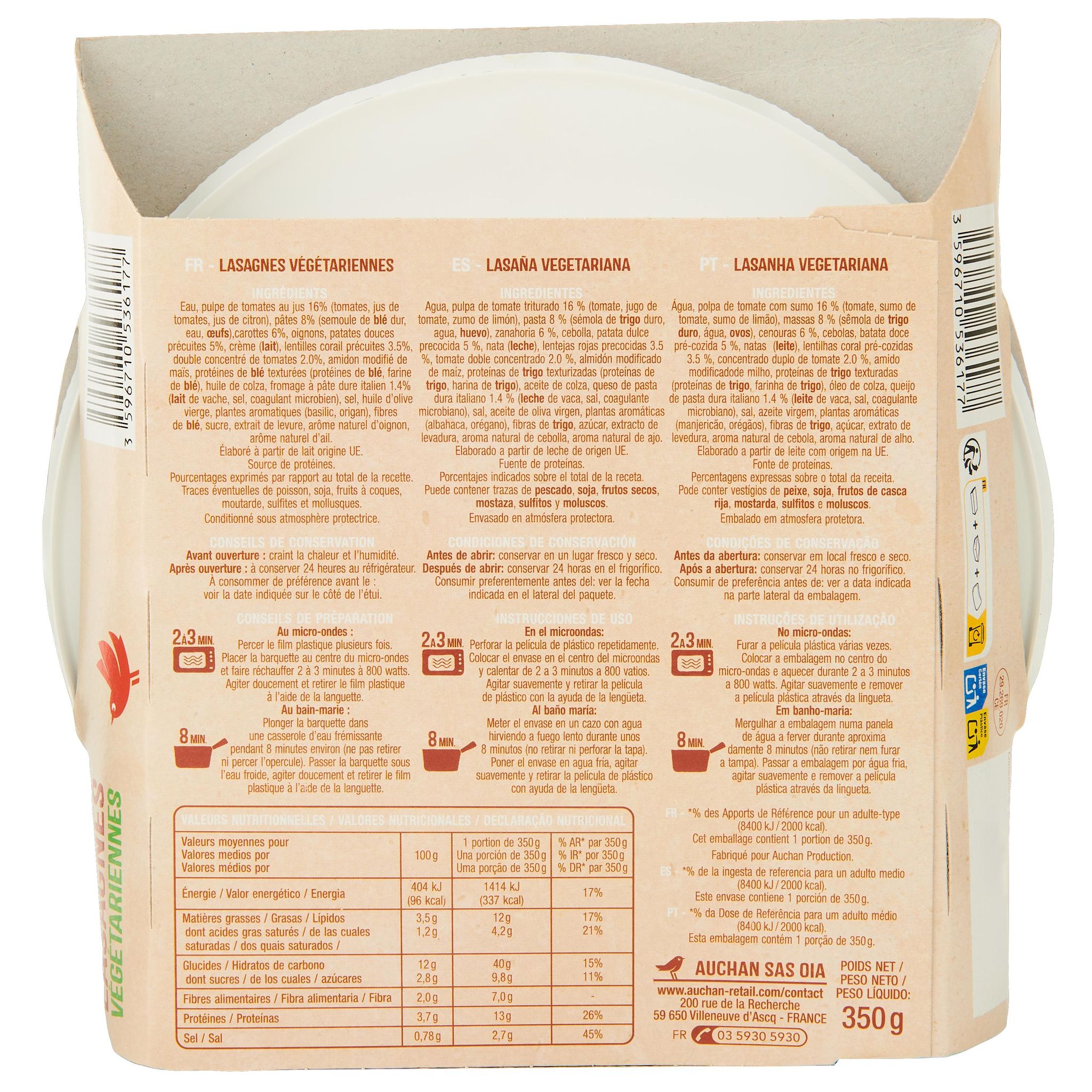 Voir la diapositive 2 : AUCHAN VERY VEGGIE Lasagnes végétariennes 1 portion 300g