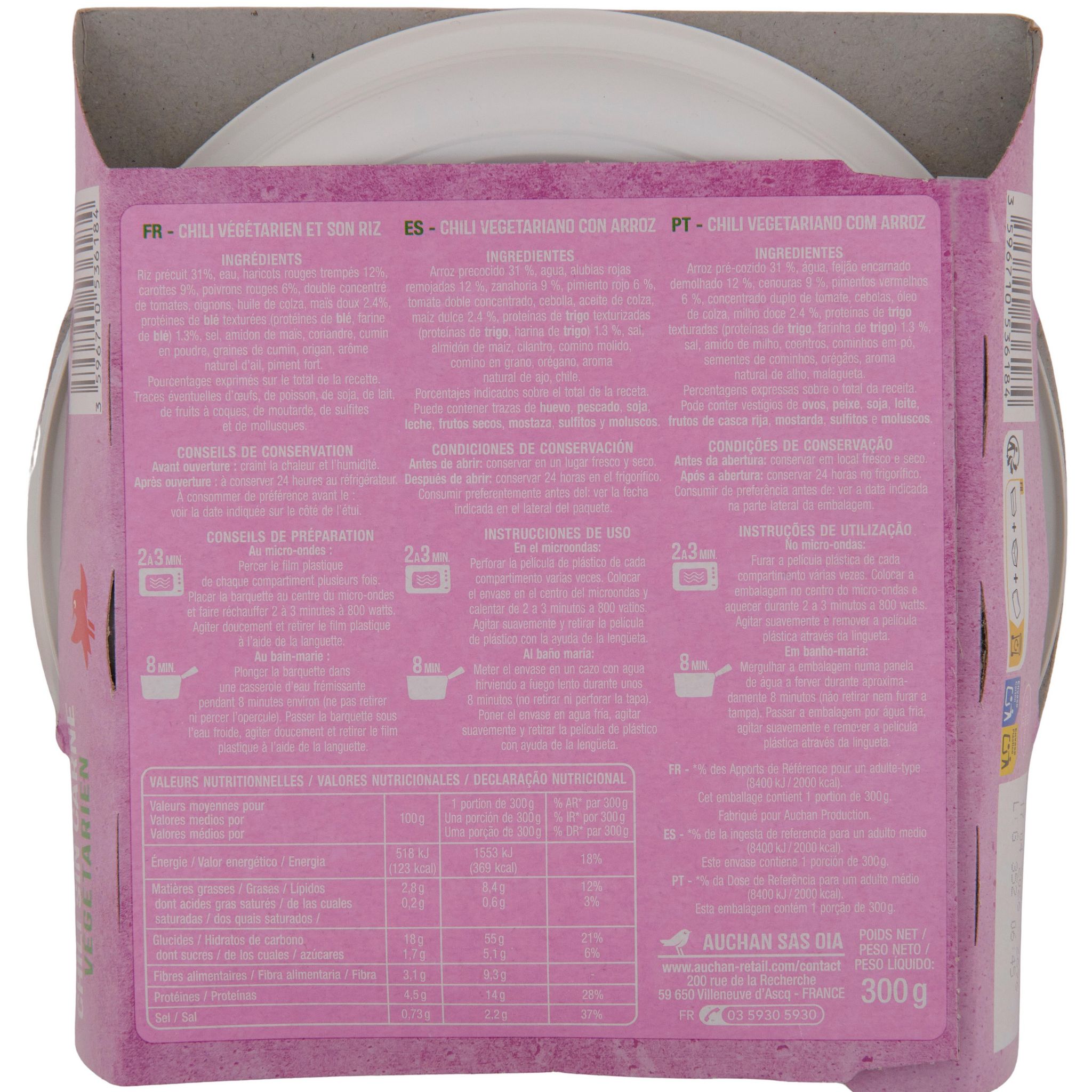 Voir la diapositive 2 : AUCHAN Chili sin carne végétarien 1 portion 300g