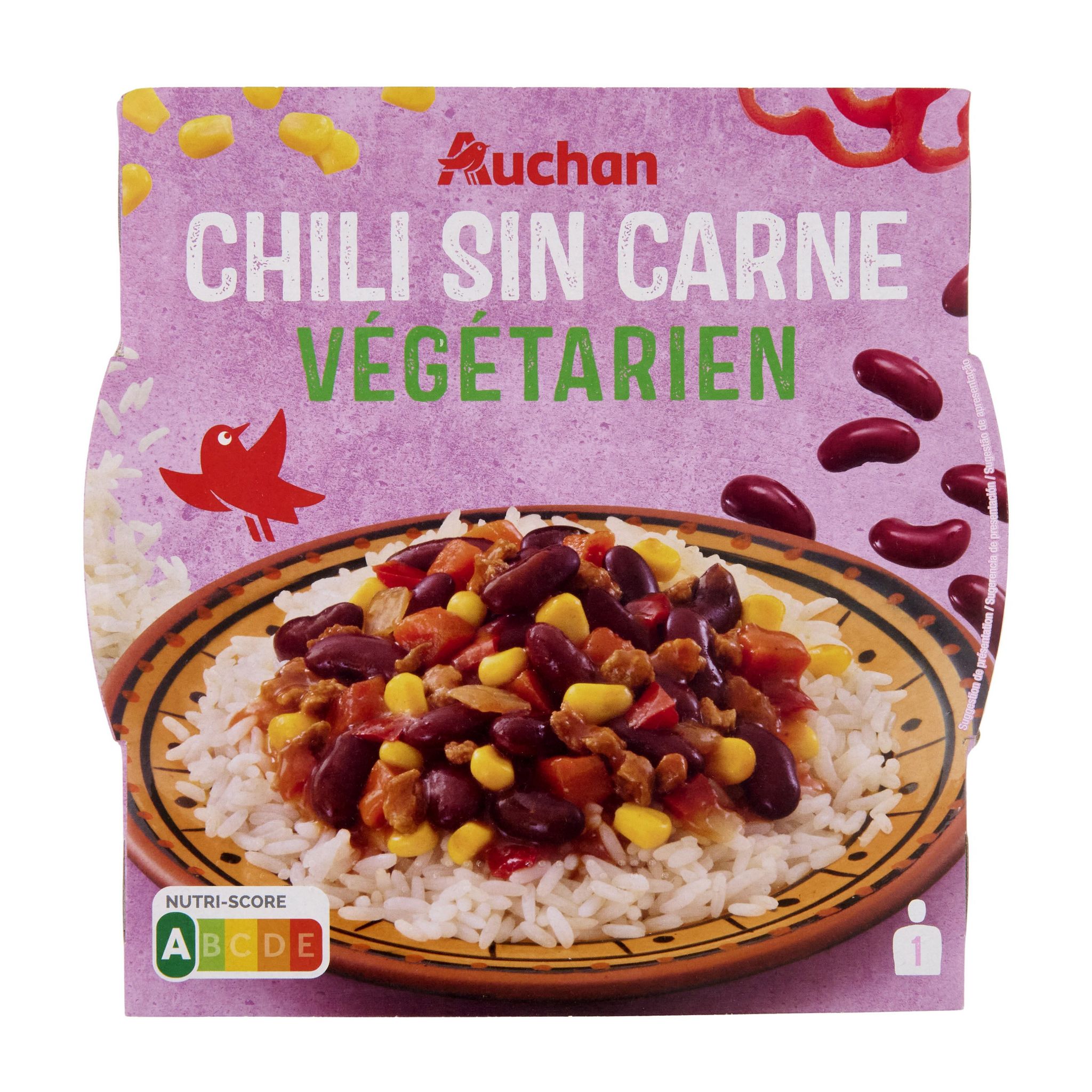 Voir la diapositive 3 : AUCHAN Chili sin carne végétarien 1 portion 300g