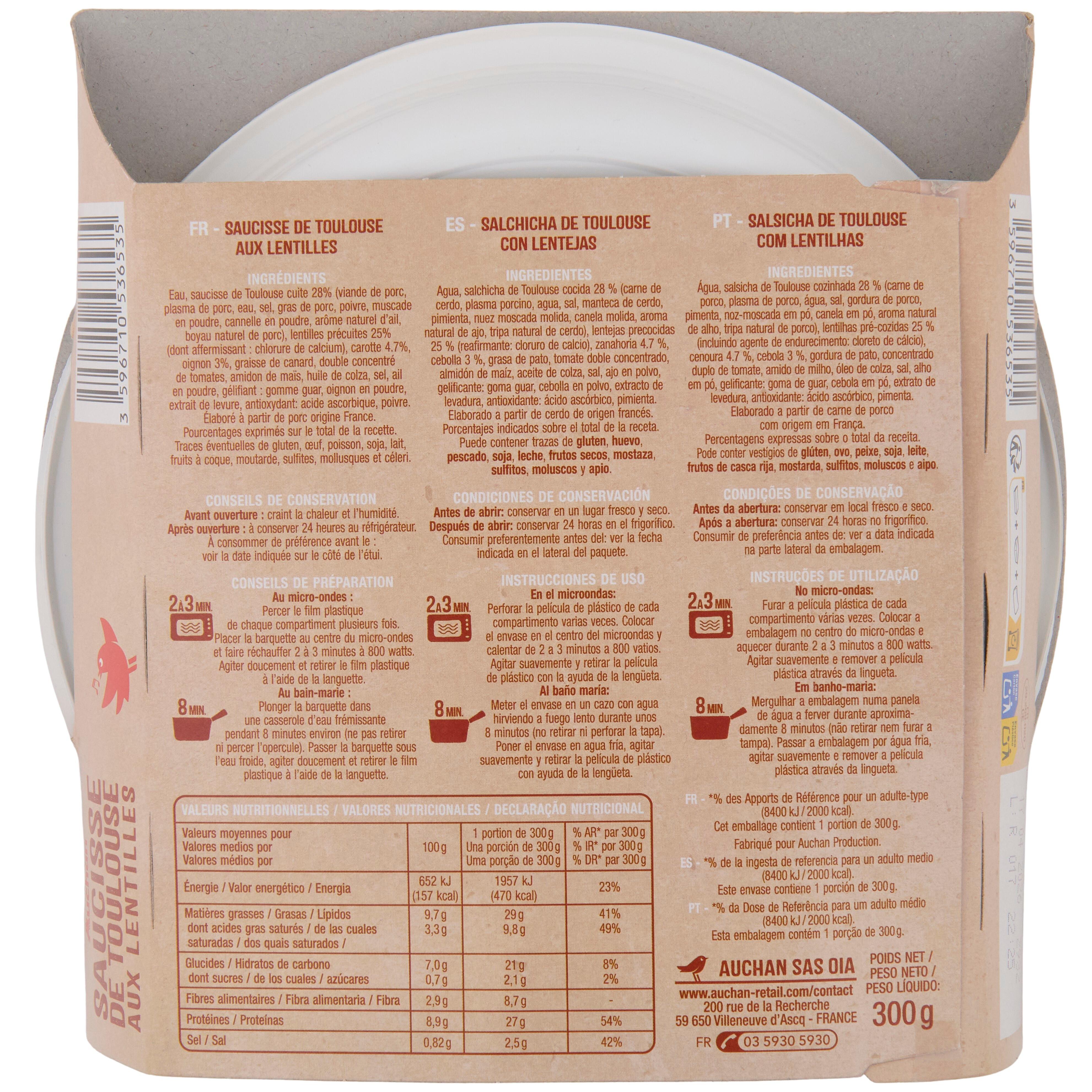Voir la diapositive 2 : AUCHAN Saucisse de Toulouse aux lentilles 1 portion 300g