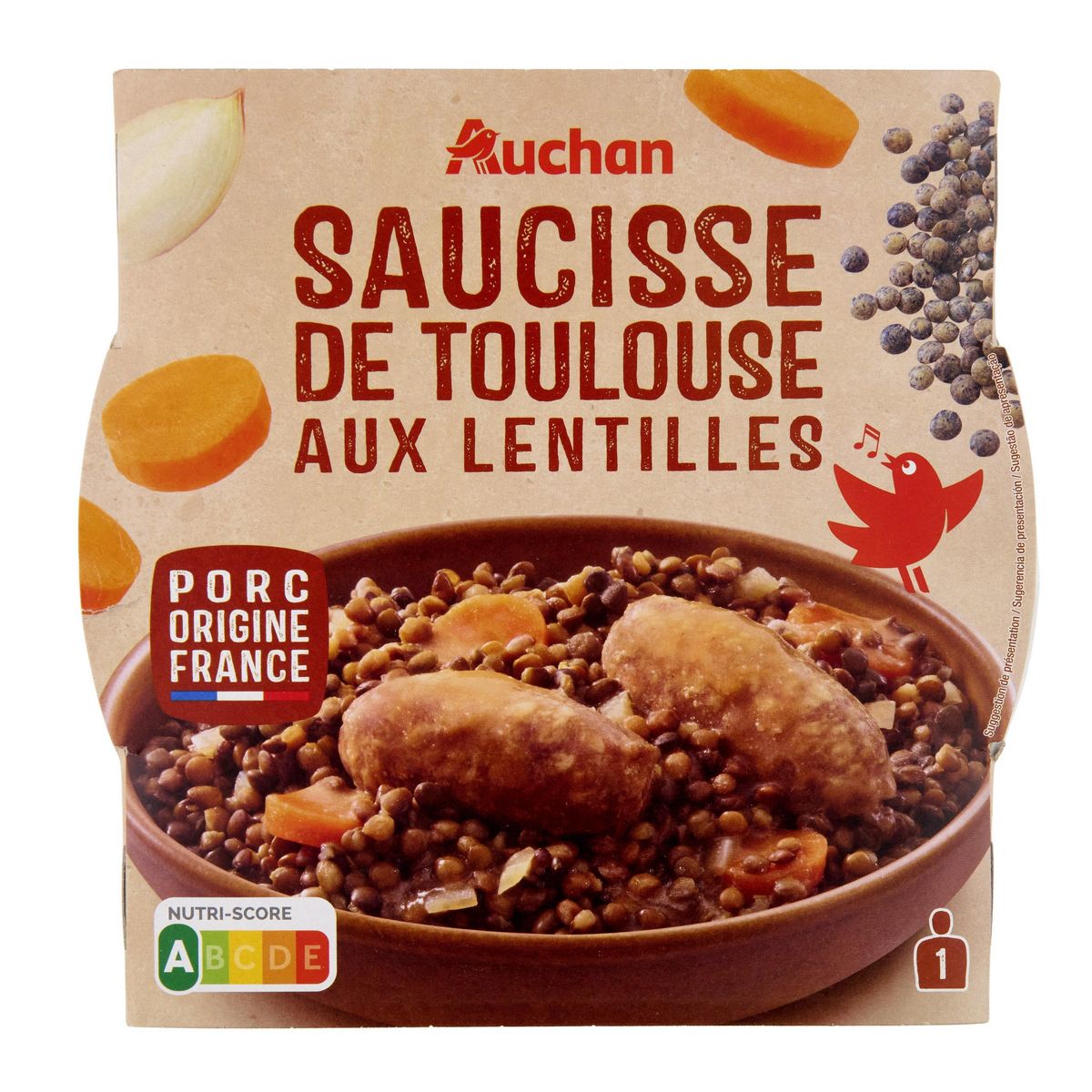 AUCHAN Saucisse de Toulouse aux lentilles 1 portion 300g