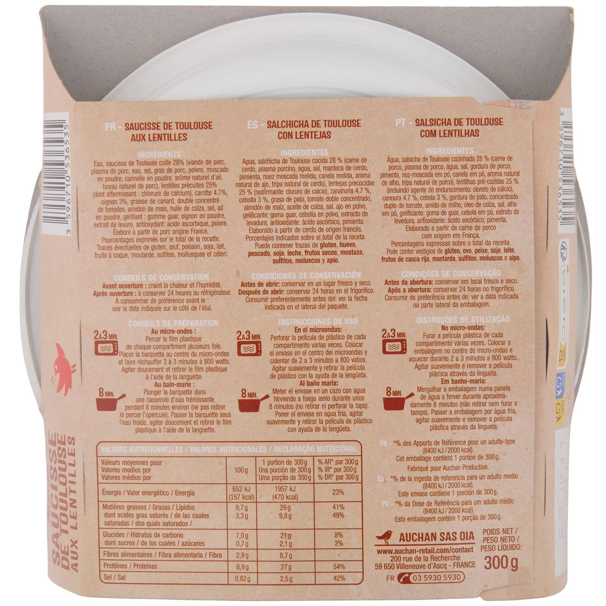 AUCHAN Saucisse de Toulouse aux lentilles 1 portion 300g