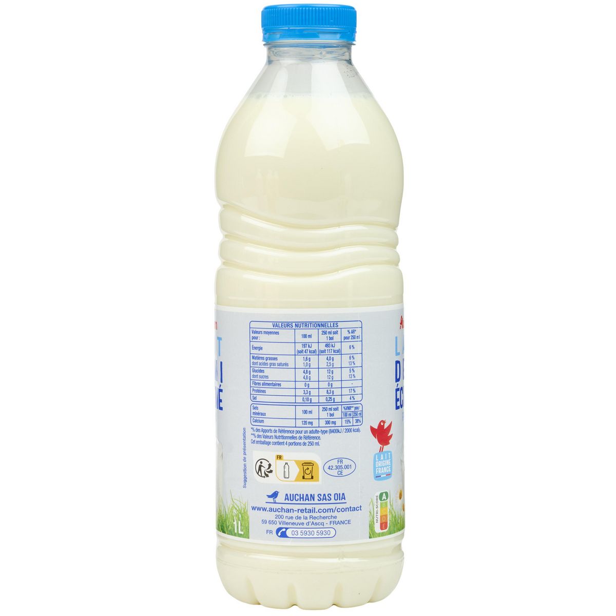 AUCHAN Lait demi-écrémé frais 1l