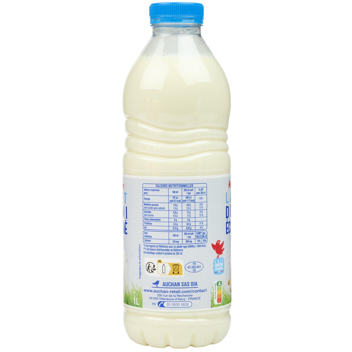 AUCHAN Lait demi-écrémé frais 1l
