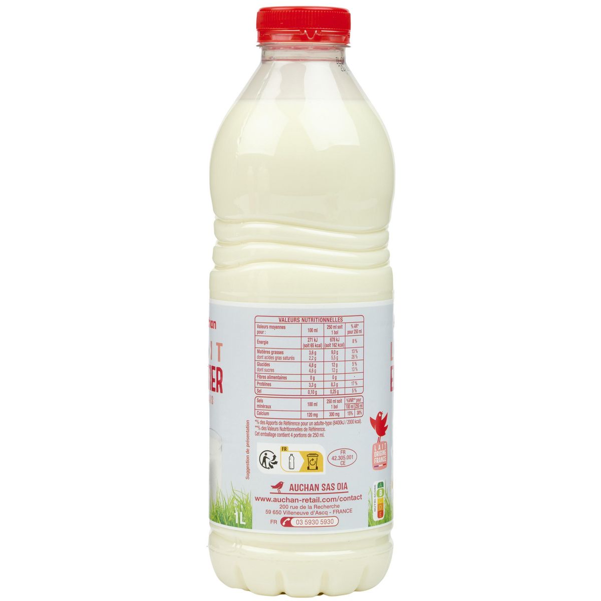 AUCHAN Lait frais entier 1l
