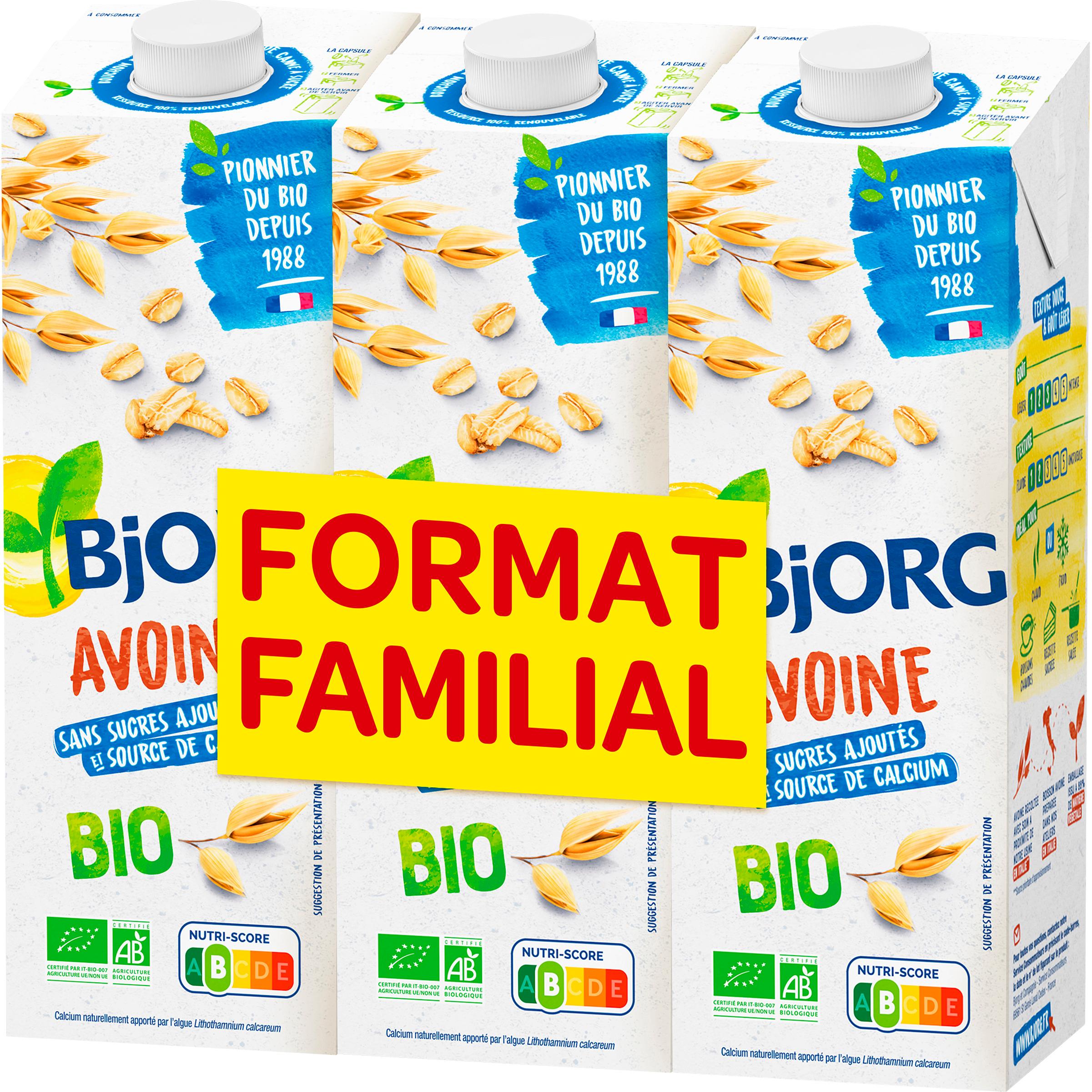 BJORG Boisson végétale à l'avoine bio sans sucres ajoutés format familial 3x1l
