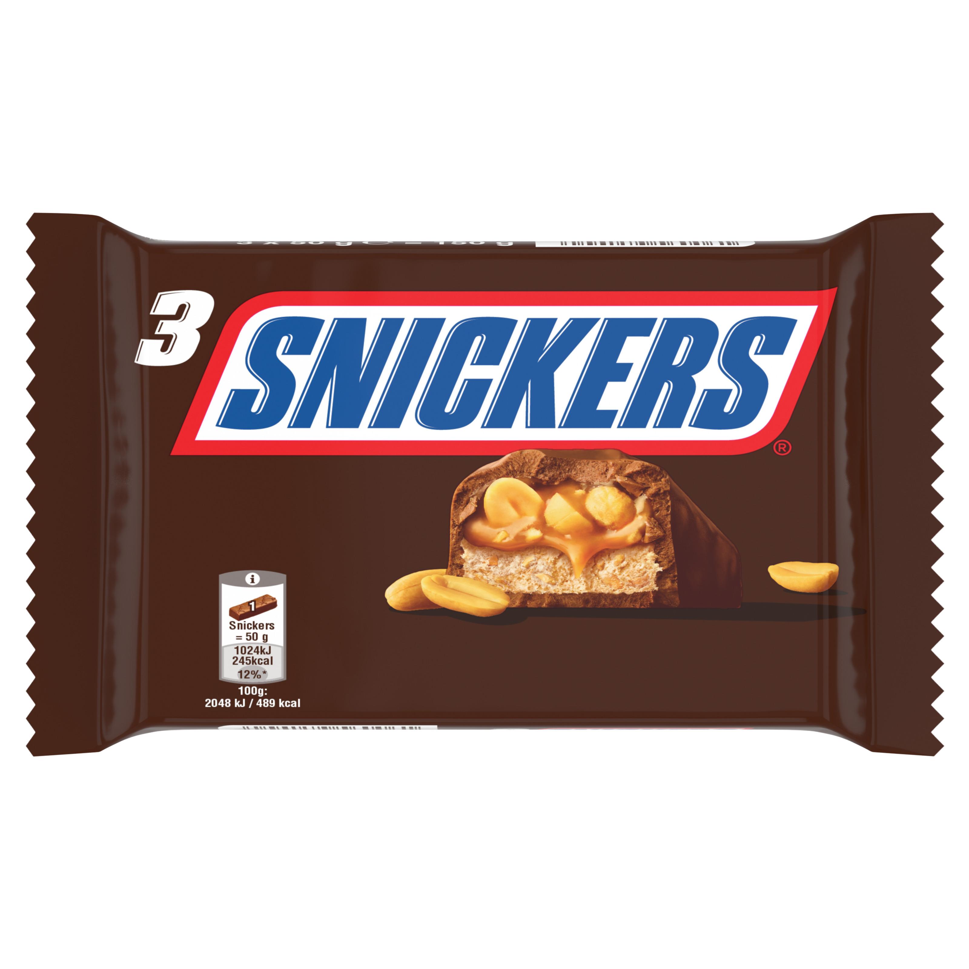SNICKERS Barres chocolatées aux cacahuètes grillées et caramel 3 barres 3x50g