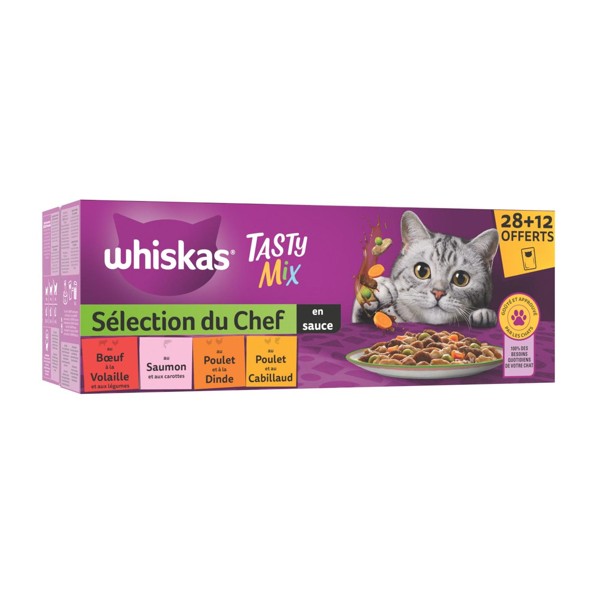 WHISKAS Sélection du Chef Tasty Mix Sachets repas en sauce 4 variétés pour chat 28+12 offerts 40x85g