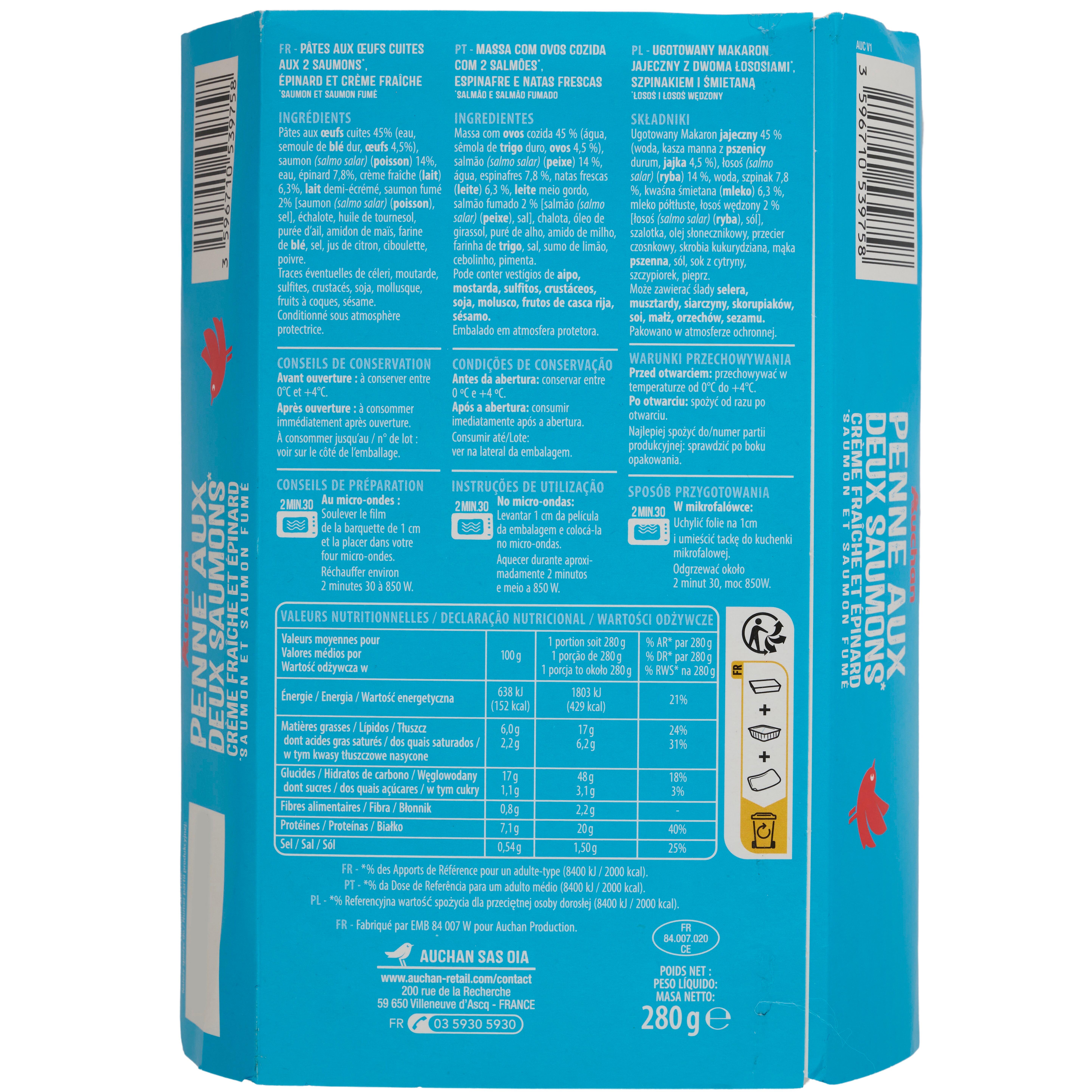 Voir la diapositive 2 : AUCHAN Penne aux deux saumons crème fraîche et épinard 1 part 280g