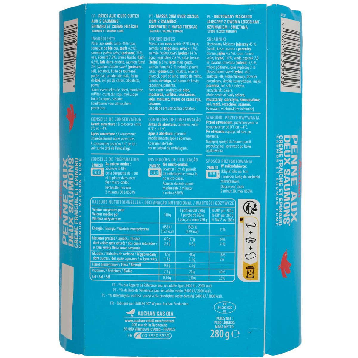 AUCHAN Penne aux deux saumons crème fraîche et épinard 1 part 280g