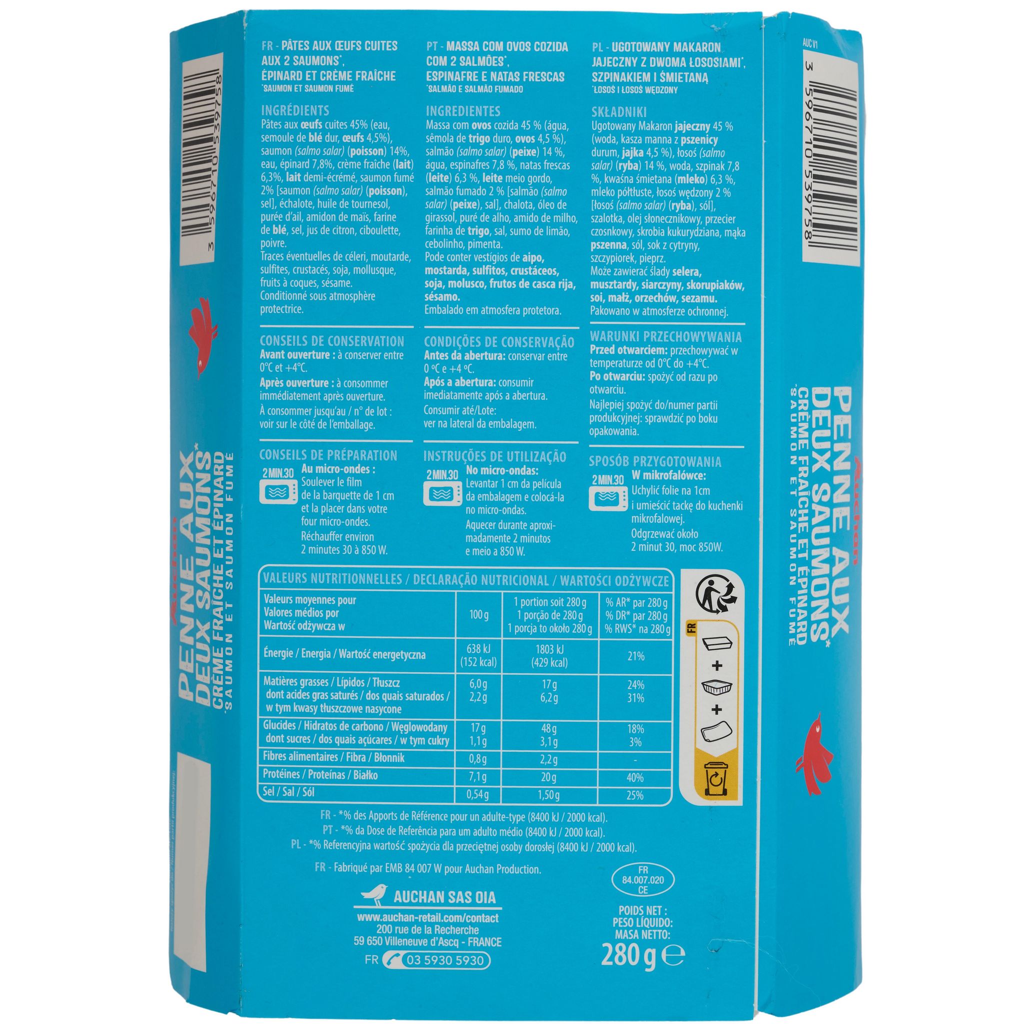 Voir la diapositive 2 : AUCHAN Penne aux deux saumons crème fraîche et épinard 1 part 280g