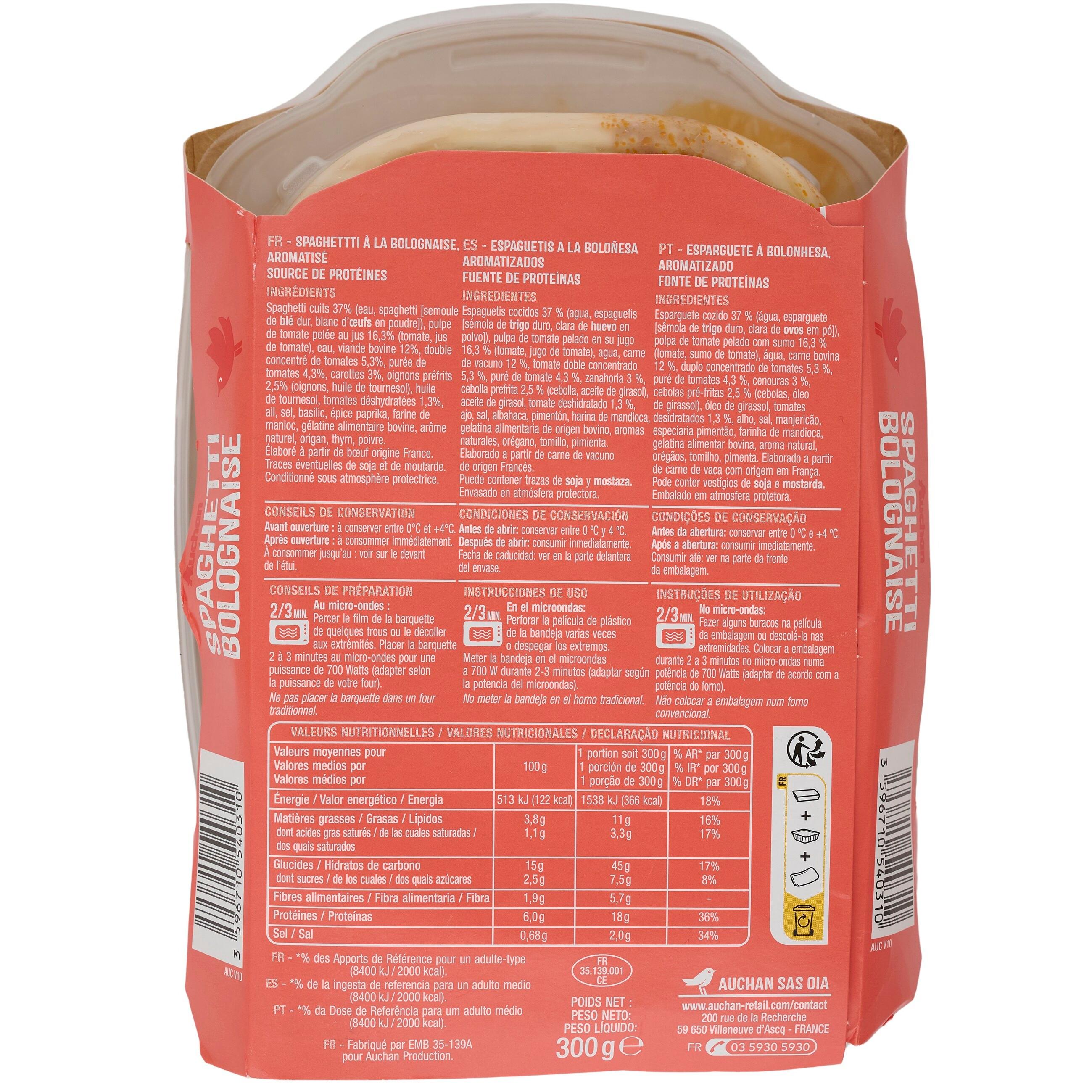 Voir la diapositive 2 : AUCHAN Spaghetti bolognaise 1 part 300g