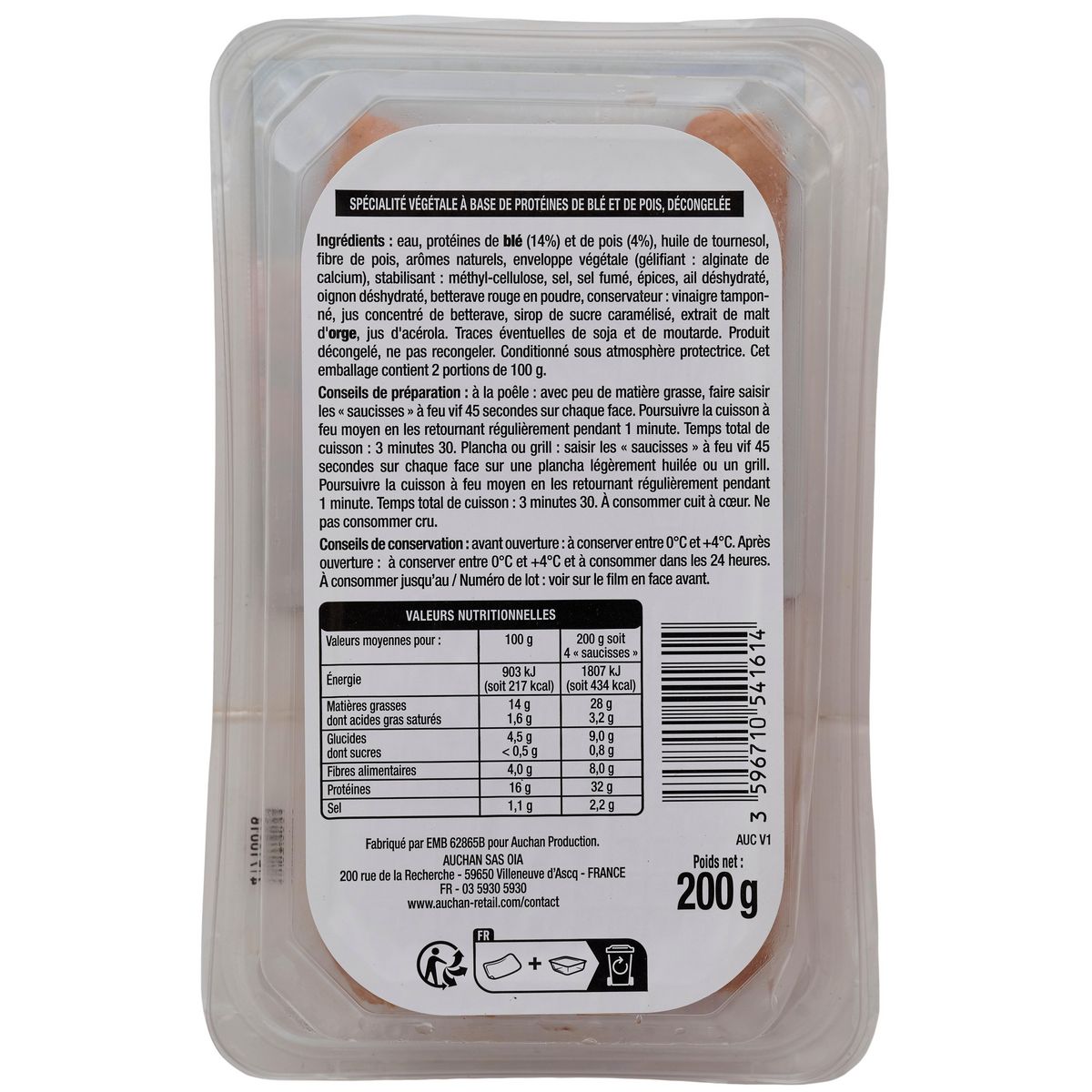 AUCHAN VERY VEGGIE La classique à griller Spécialité végétale à base de protéines de blé et de pois 4 pièces 200g