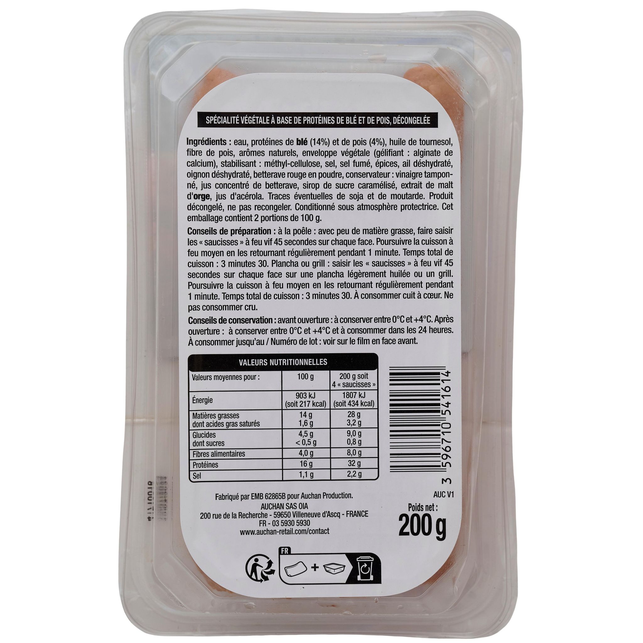 Voir la diapositive 2 : AUCHAN VERY VEGGIE La classique à griller Spécialité végétale à base de protéines de blé et de pois 4 pièces 200g