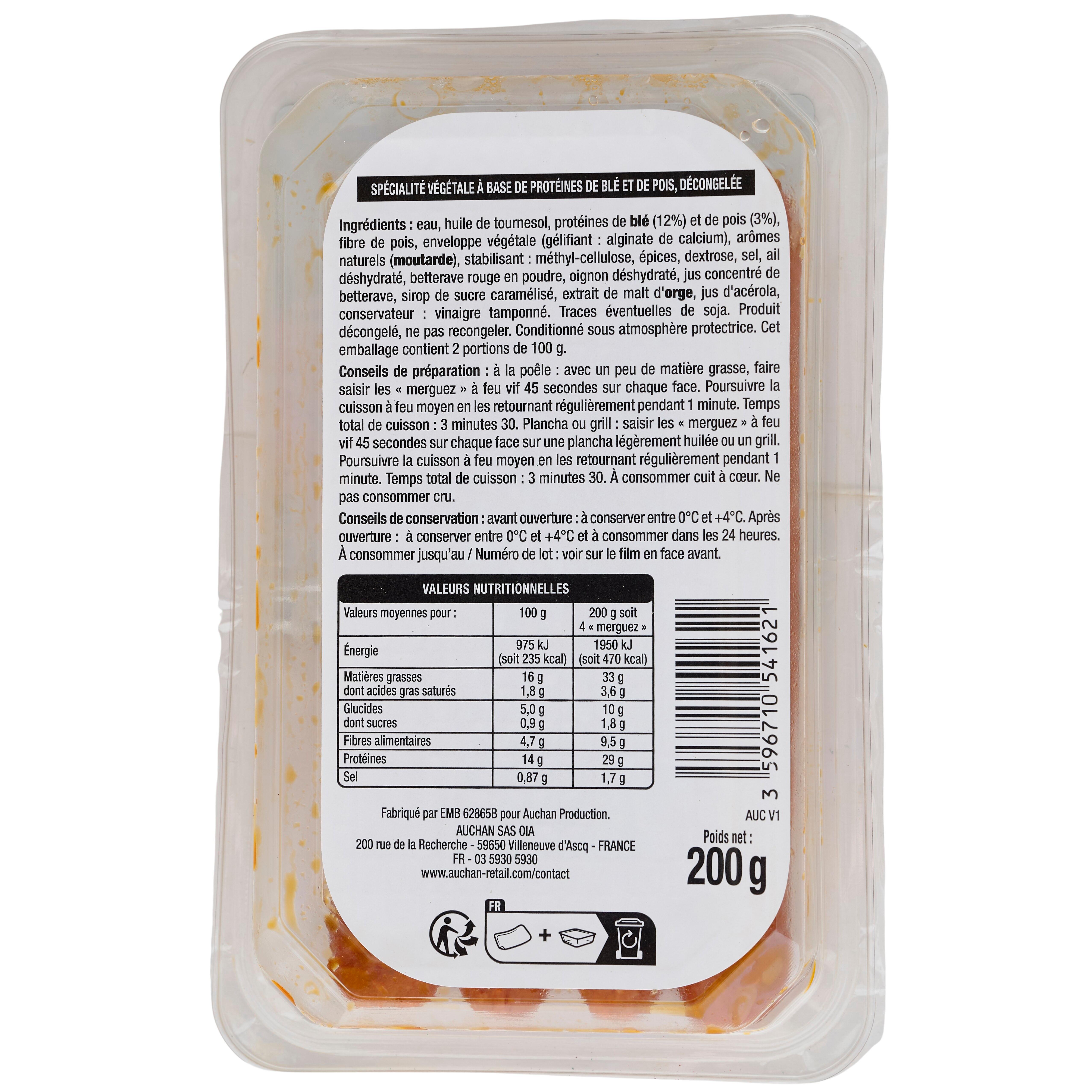 Voir la diapositive 2 : AUCHAN VERY VEGGIE Saucisse végétale piquante 4 pièces 200g