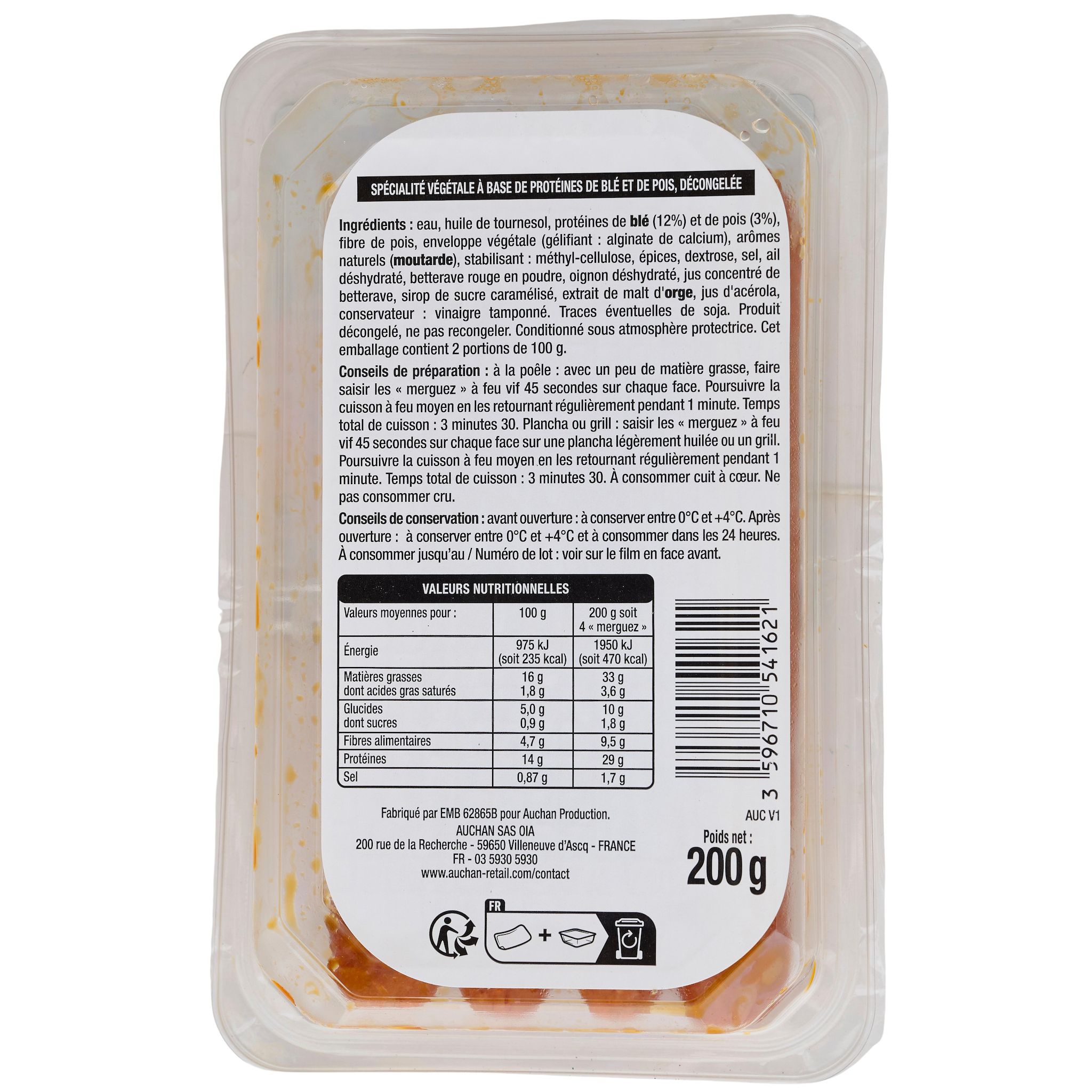 Voir la diapositive 2 : AUCHAN VERY VEGGIE Saucisse végétale piquante 4 pièces 200g