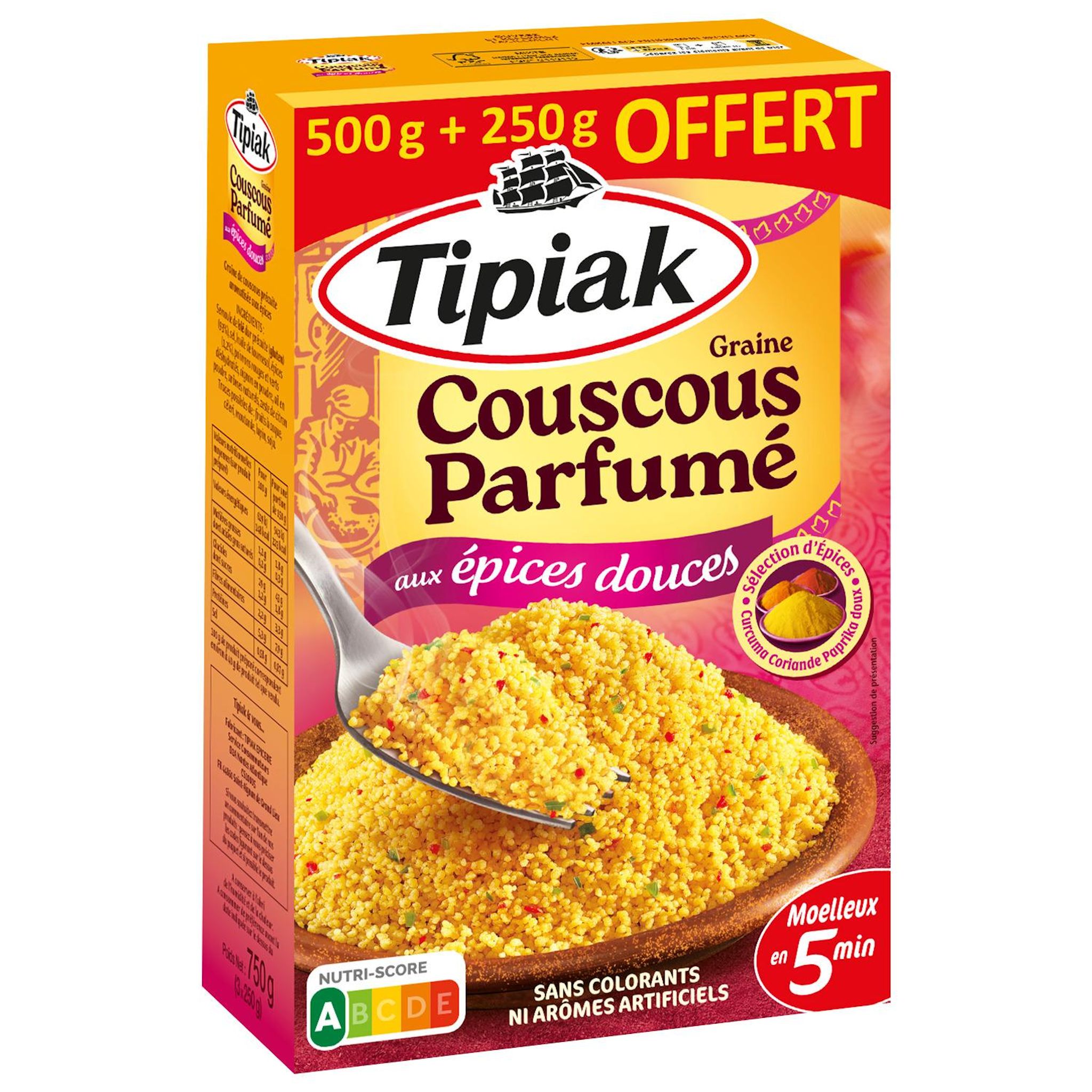 TIPIAK Graine de couscous parfumé aux épices douces 500g + 250g offert