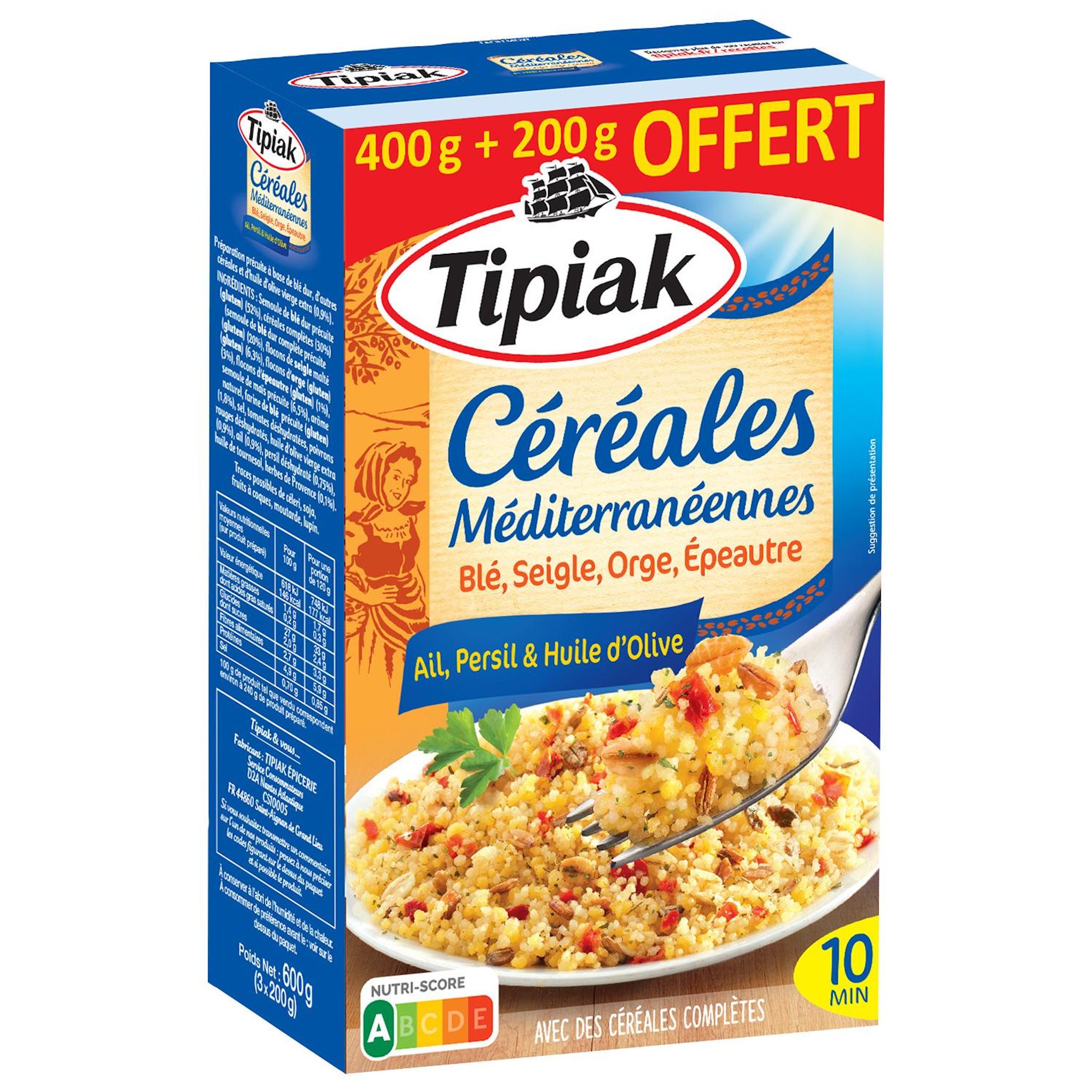 TIPIAK Céréales méditerranéennes au blé seigle orge et épeautre sachet express 400g+200g offert 600g
