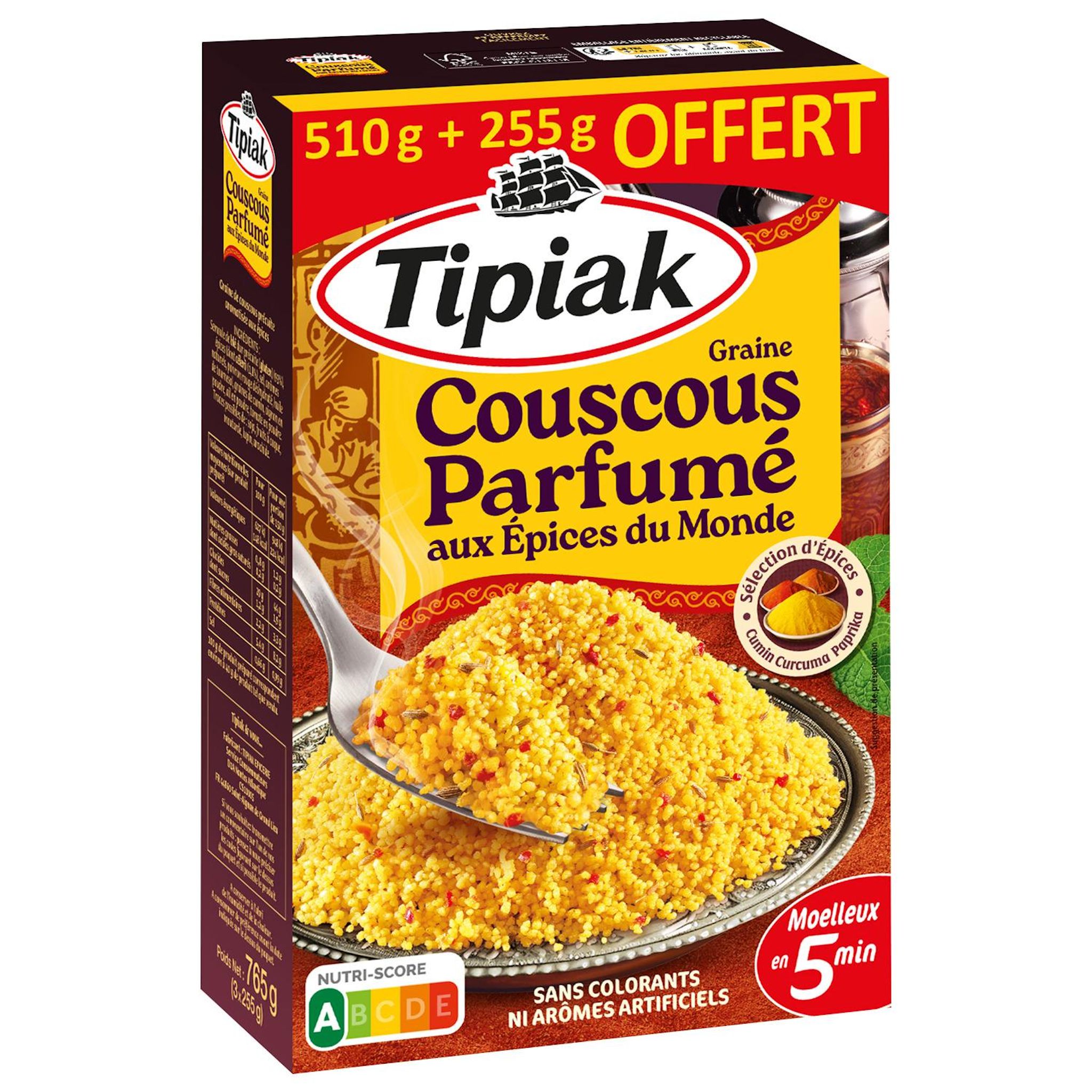 TIPIAK Graine de couscous parfumé aux épices du monde 510g + 255 offert