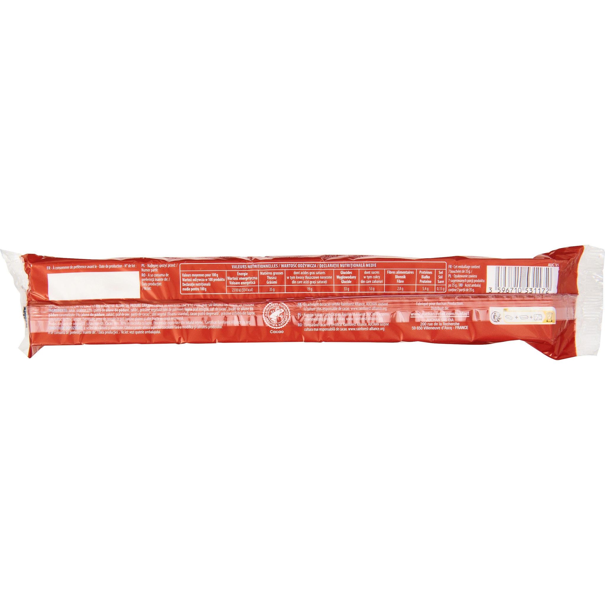 Voir la diapositive 2 : AUCHAN Rochers fourrés au praliné enrobés de chocolat au lait 7 rochers 245g