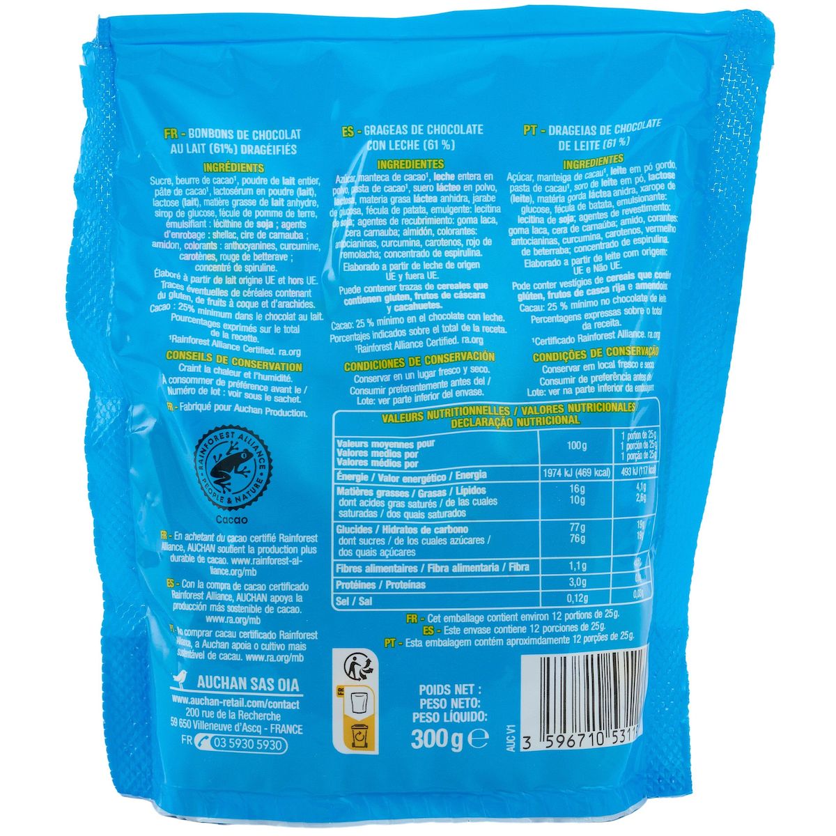 AUCHAN Billes de chocolat au lait dragéifiées 12 billes 300g