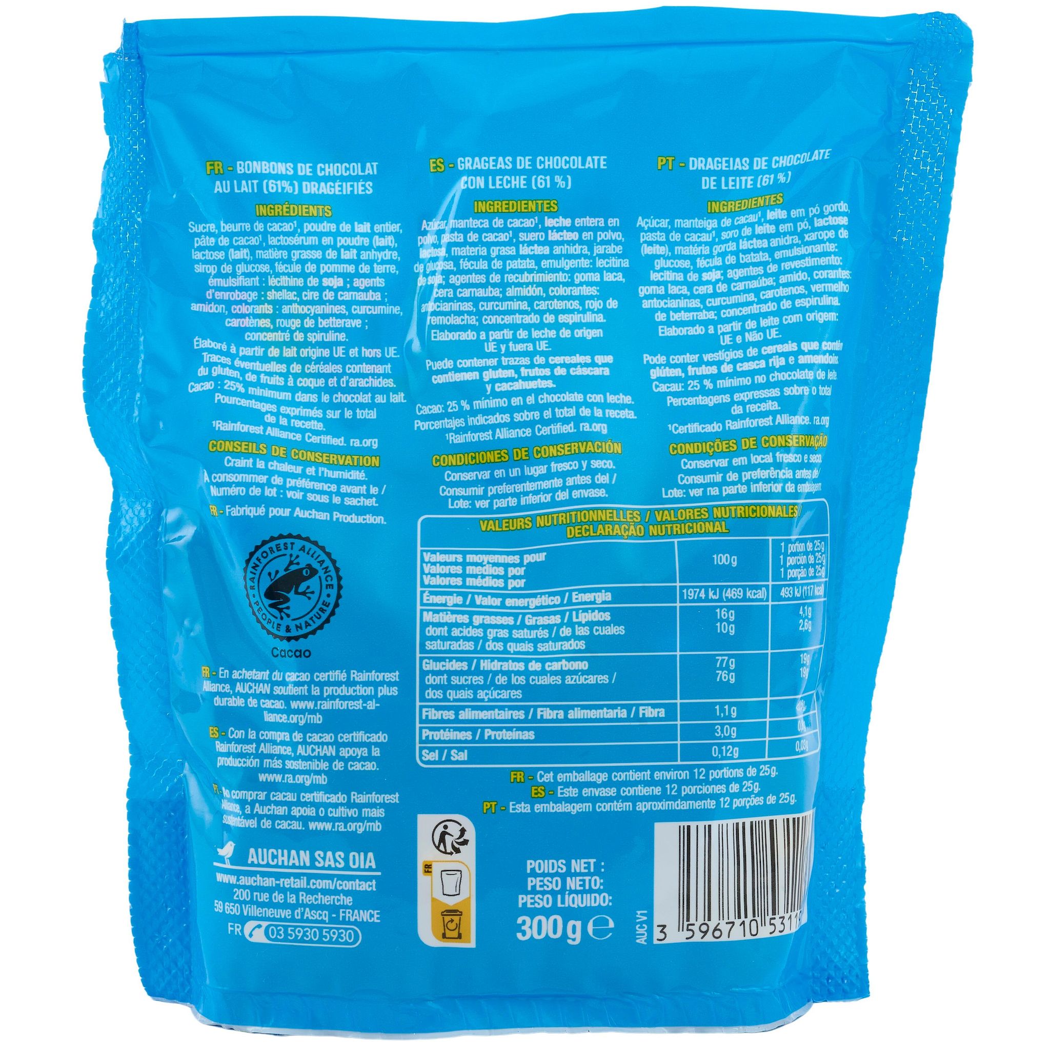 Voir la diapositive 4 : AUCHAN Billes de chocolat au lait dragéifiées 12 billes 300g