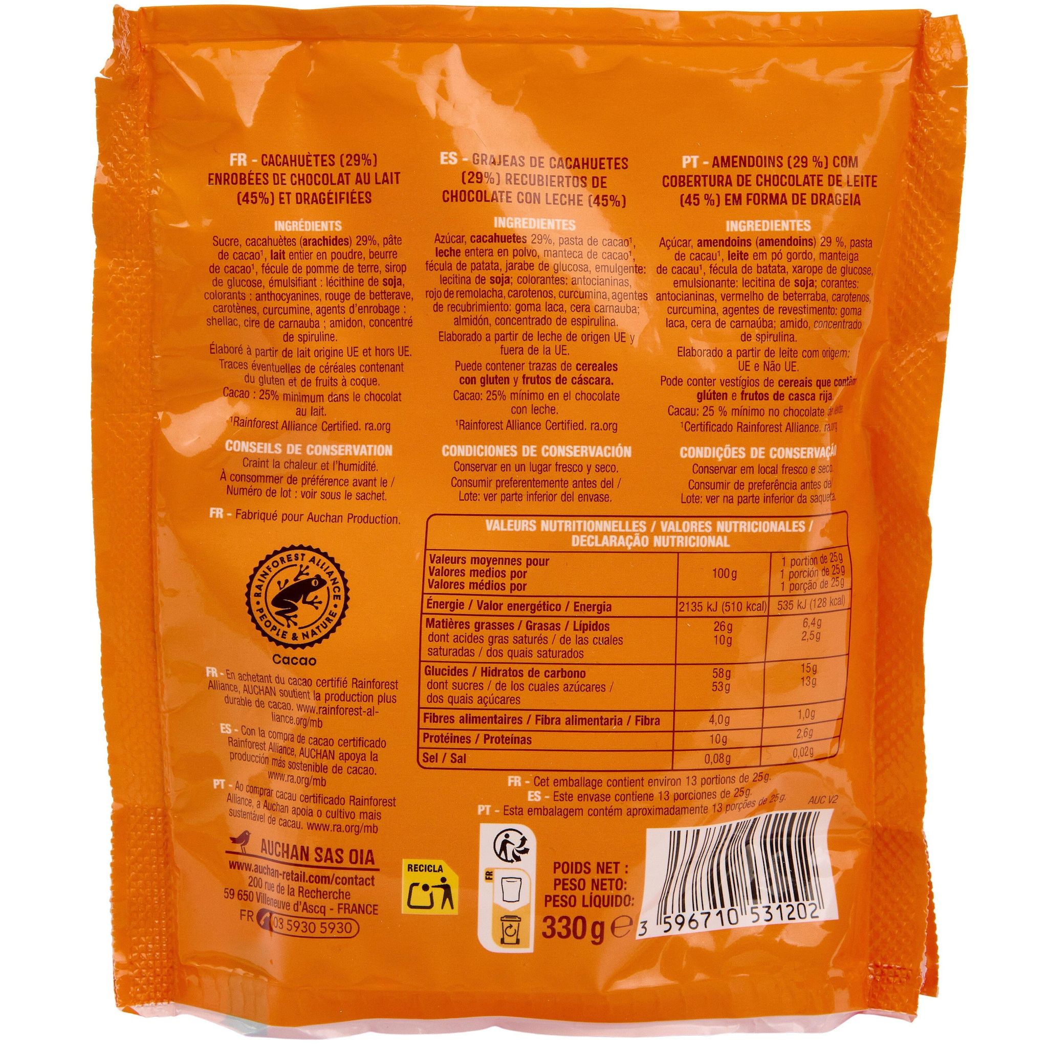 Voir la diapositive 3 : AUCHAN Chokawette Cacahuètes enrobées de chocolat au lait 330g