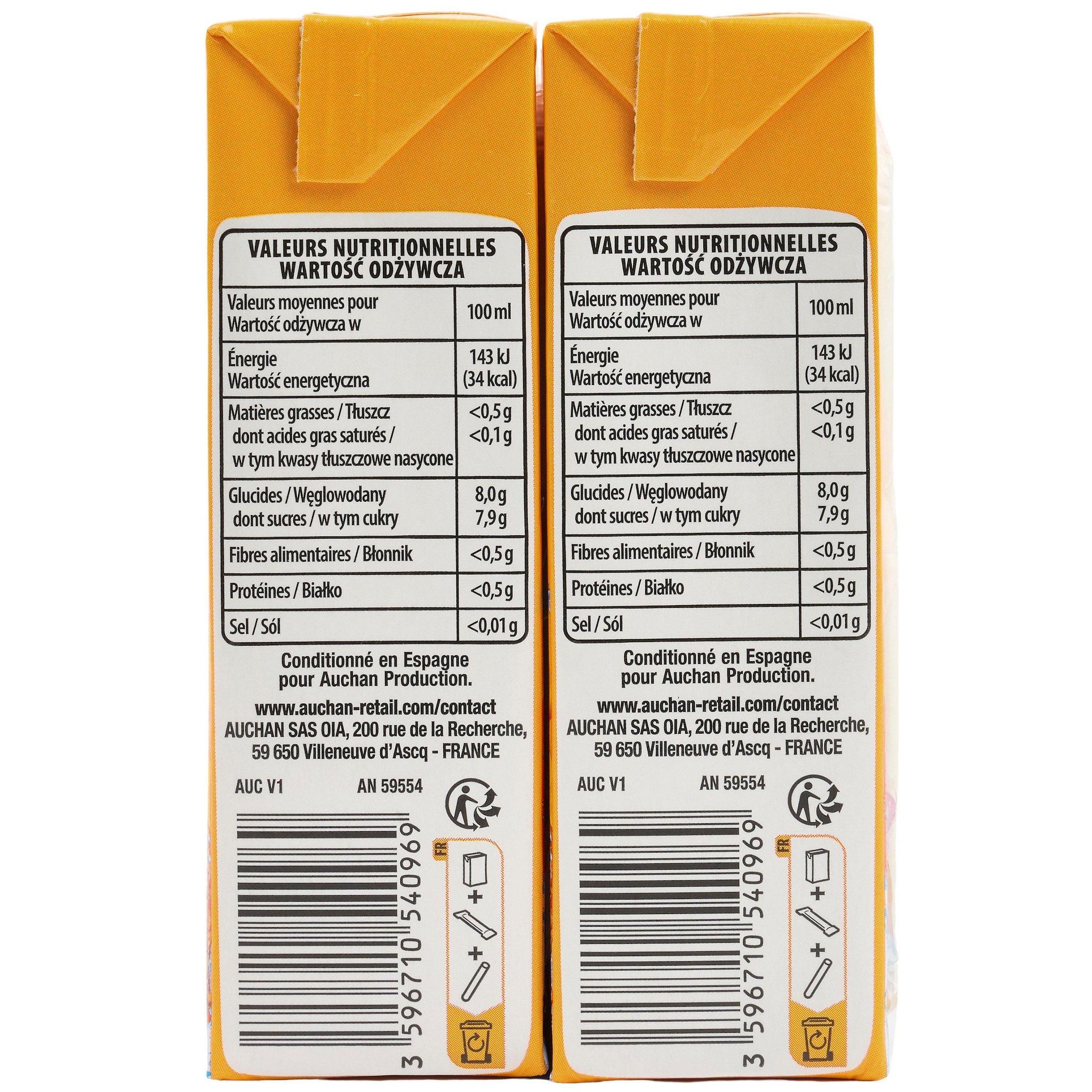 Voir la diapositive 3 : AUCHAN Boisson aux jus de fruits tropical en briquettes 6x20cl