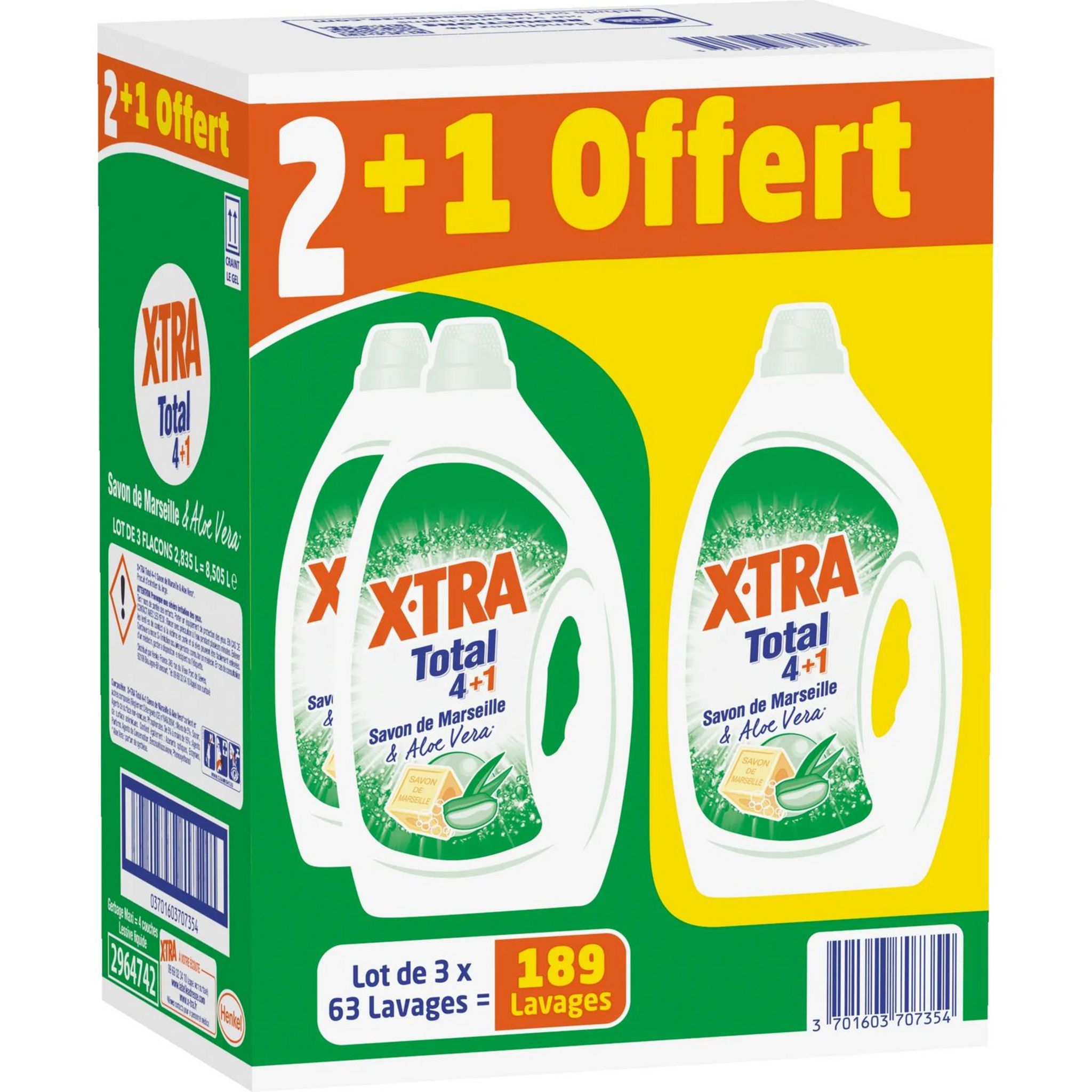 X-TRA Lessive liquide 4+1 au savon de Marseille et aloe vera 3x63 lavages 3x2.835l