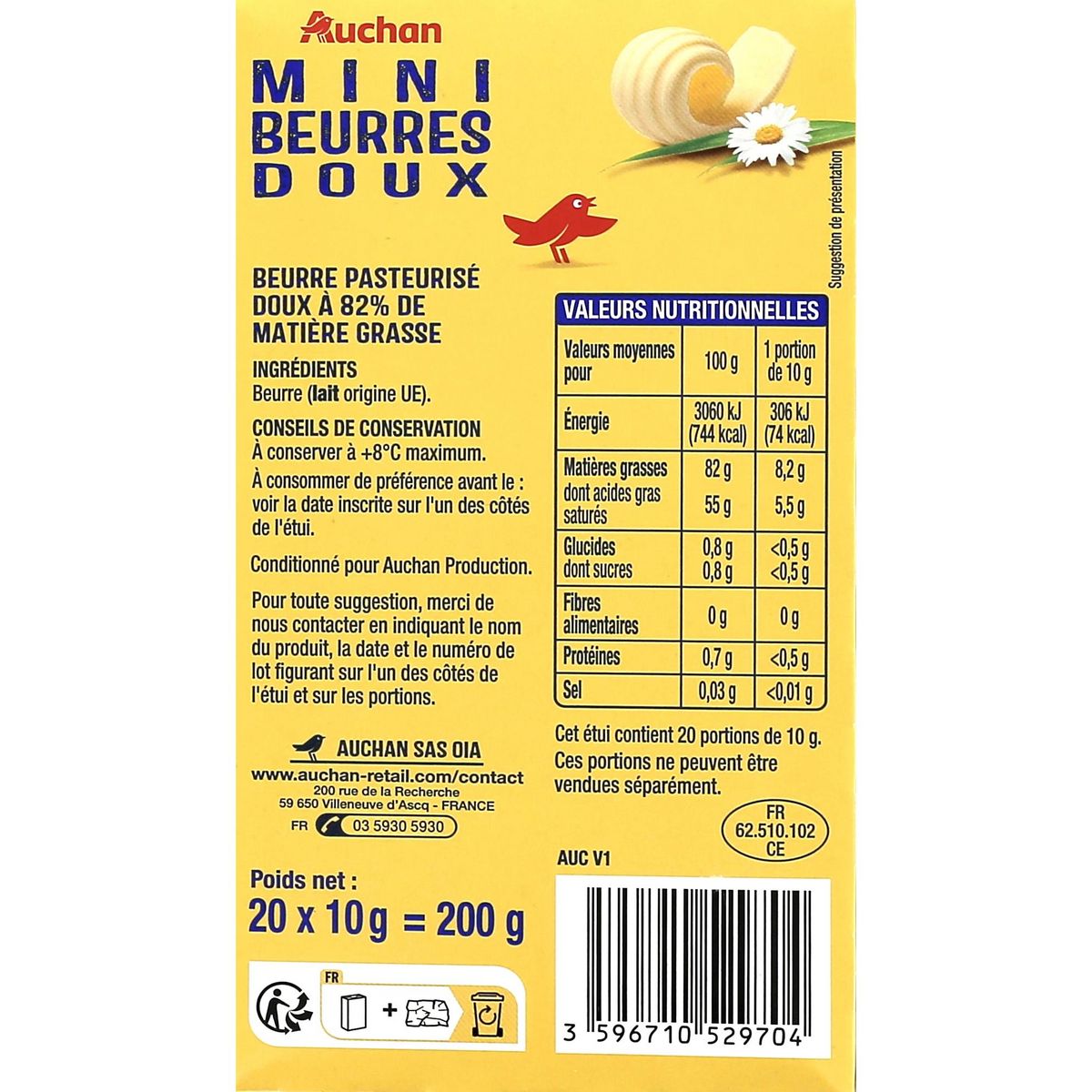 AUCHAN Mini beurres doux 200g 20x10g