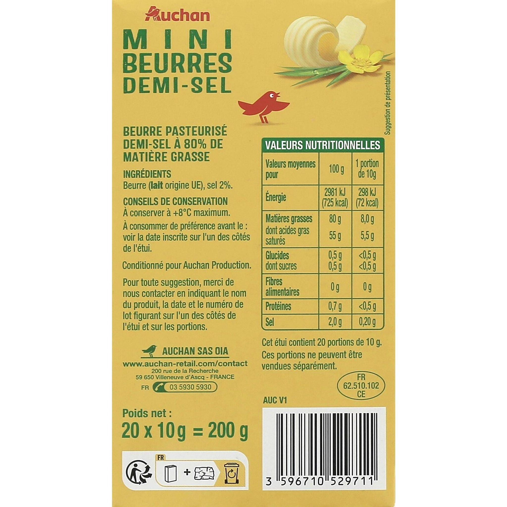 Voir la diapositive 2 : AUCHAN Mini beurres demi-sel 200g 20x10g