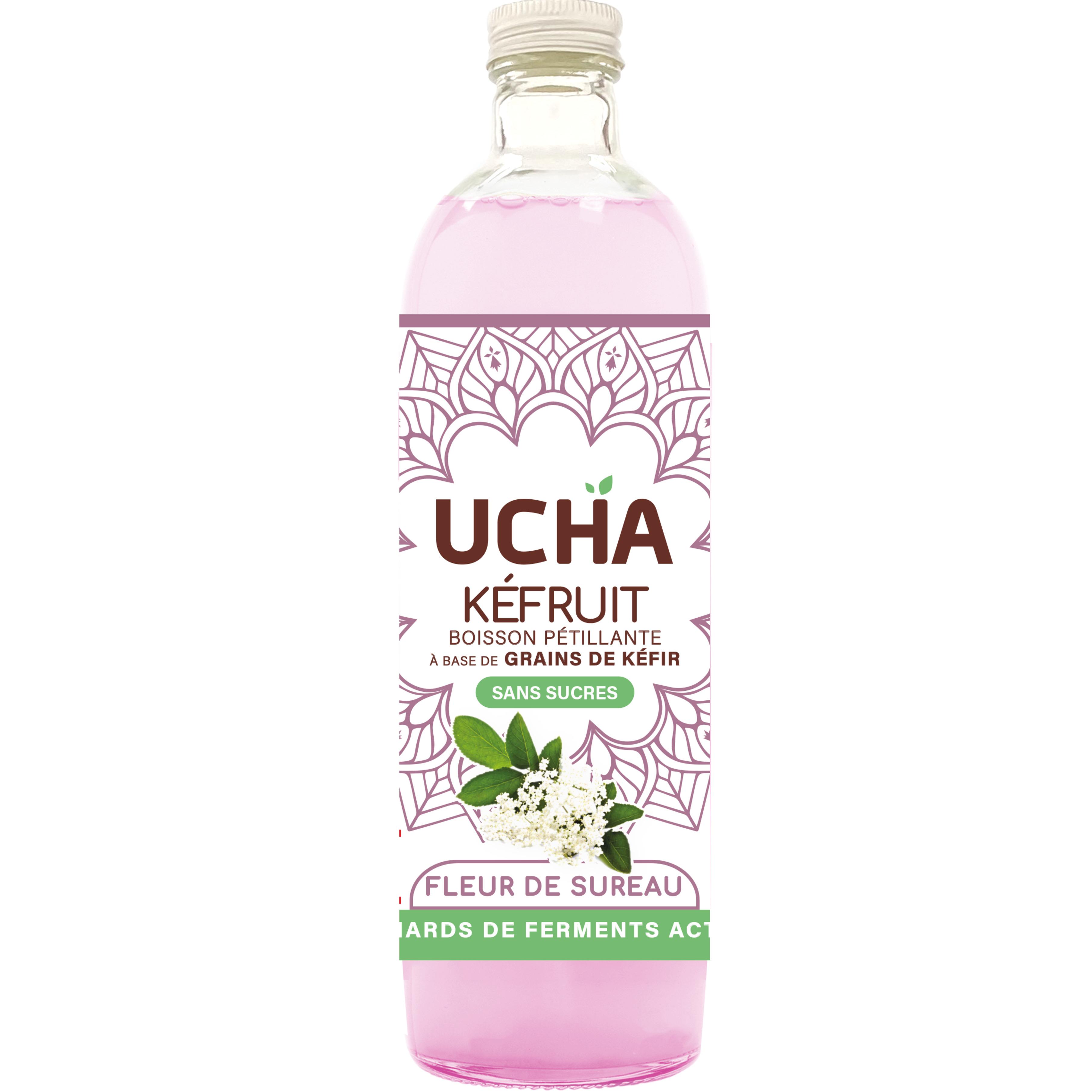 UCHA Kéfruit Boisson pétillante bio à base de grains de kéfir à la fleur de sureau sans sucres 75cl