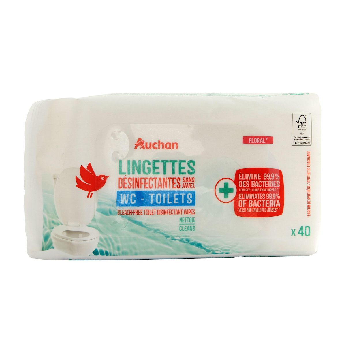 AUCHAN Lingettes WC désinfectantes sans javel 40 lingettes
