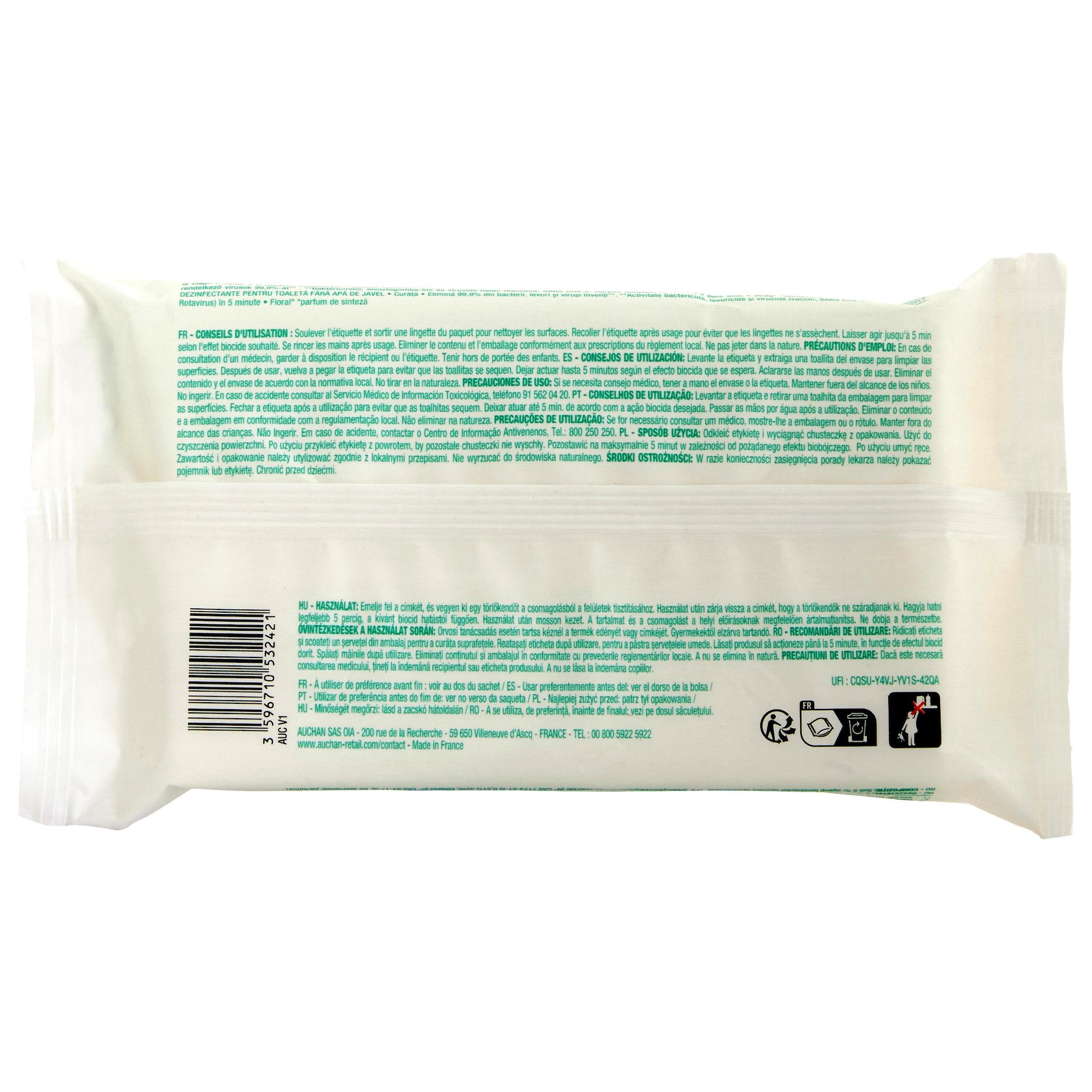 Voir la diapositive 4 : AUCHAN Lingettes WC désinfectantes sans javel 40 lingettes