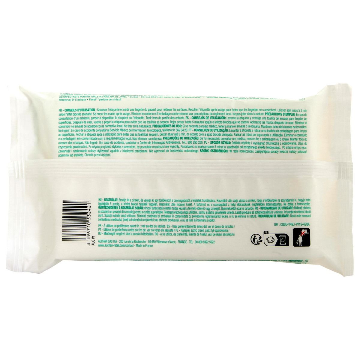 AUCHAN Lingettes WC désinfectantes sans javel 40 lingettes