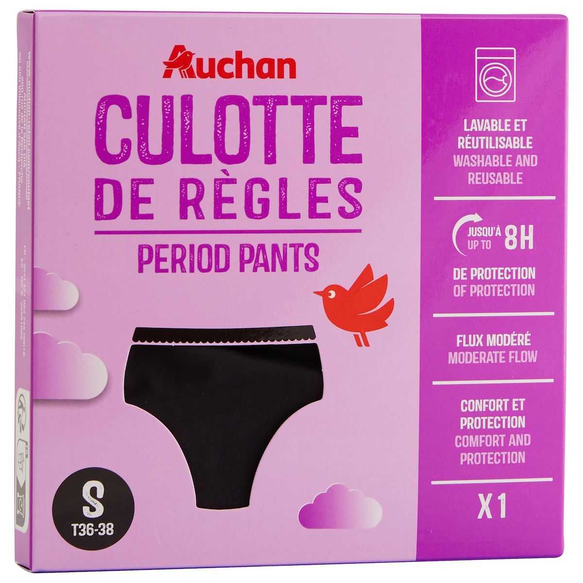 AUCHAN Culotte périodique flux modéré taille S noire 1 culotte