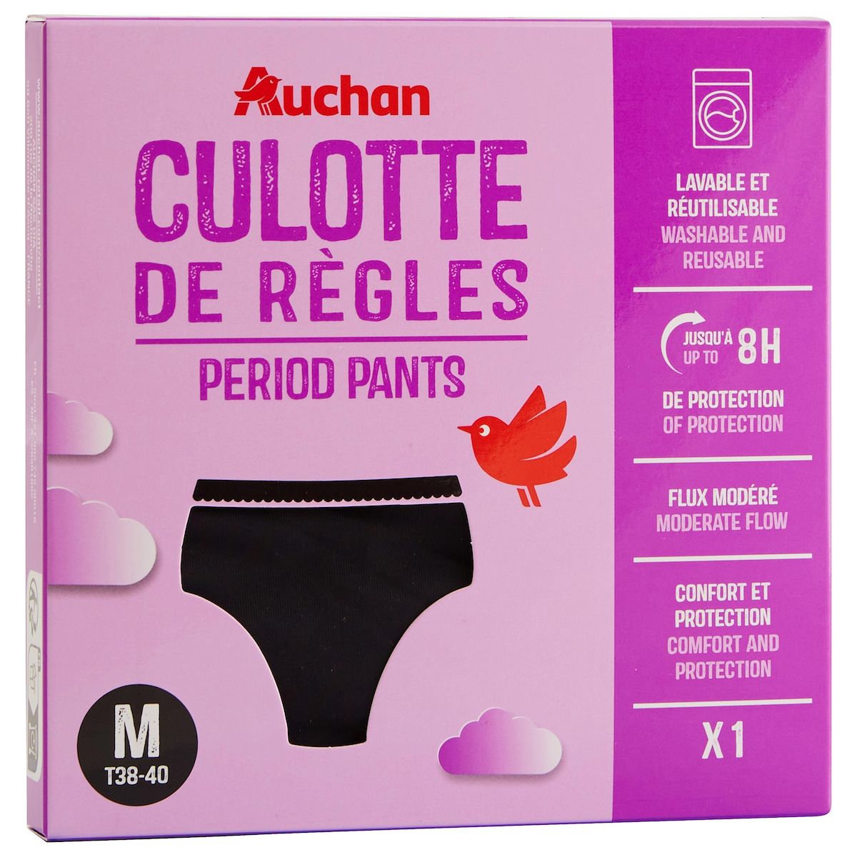 AUCHAN Culotte périodique flux modéré taille M noire 1 culotte