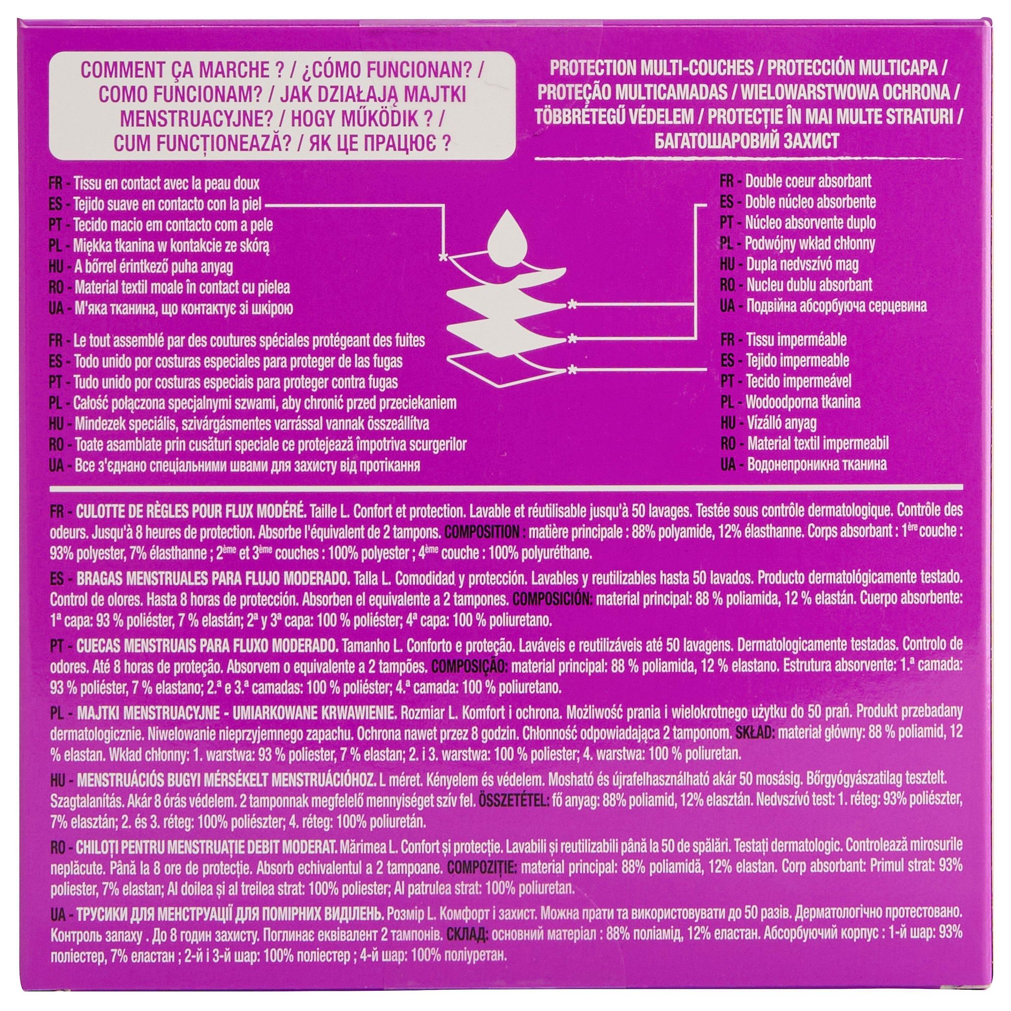 Voir la diapositive 2 : AUCHAN Culotte de règles lavable et réutilisable flux modéré taille L 40-42 1 culotte