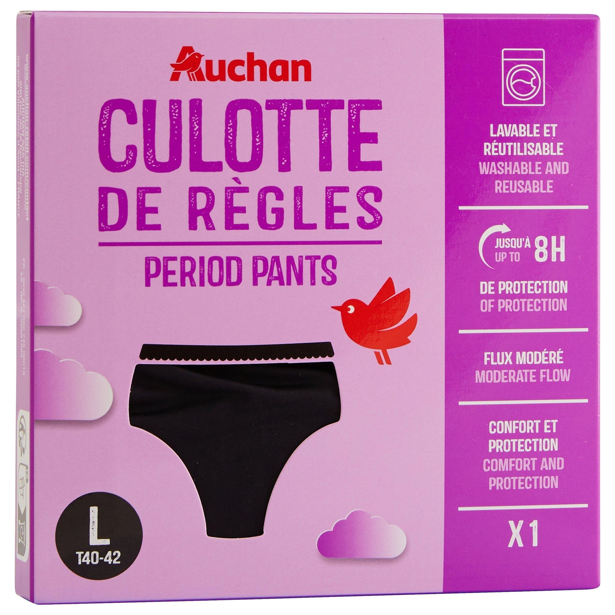 Voir la diapositive 3 : AUCHAN Culotte de règles lavable et réutilisable flux modéré taille L 40-42 1 culotte
