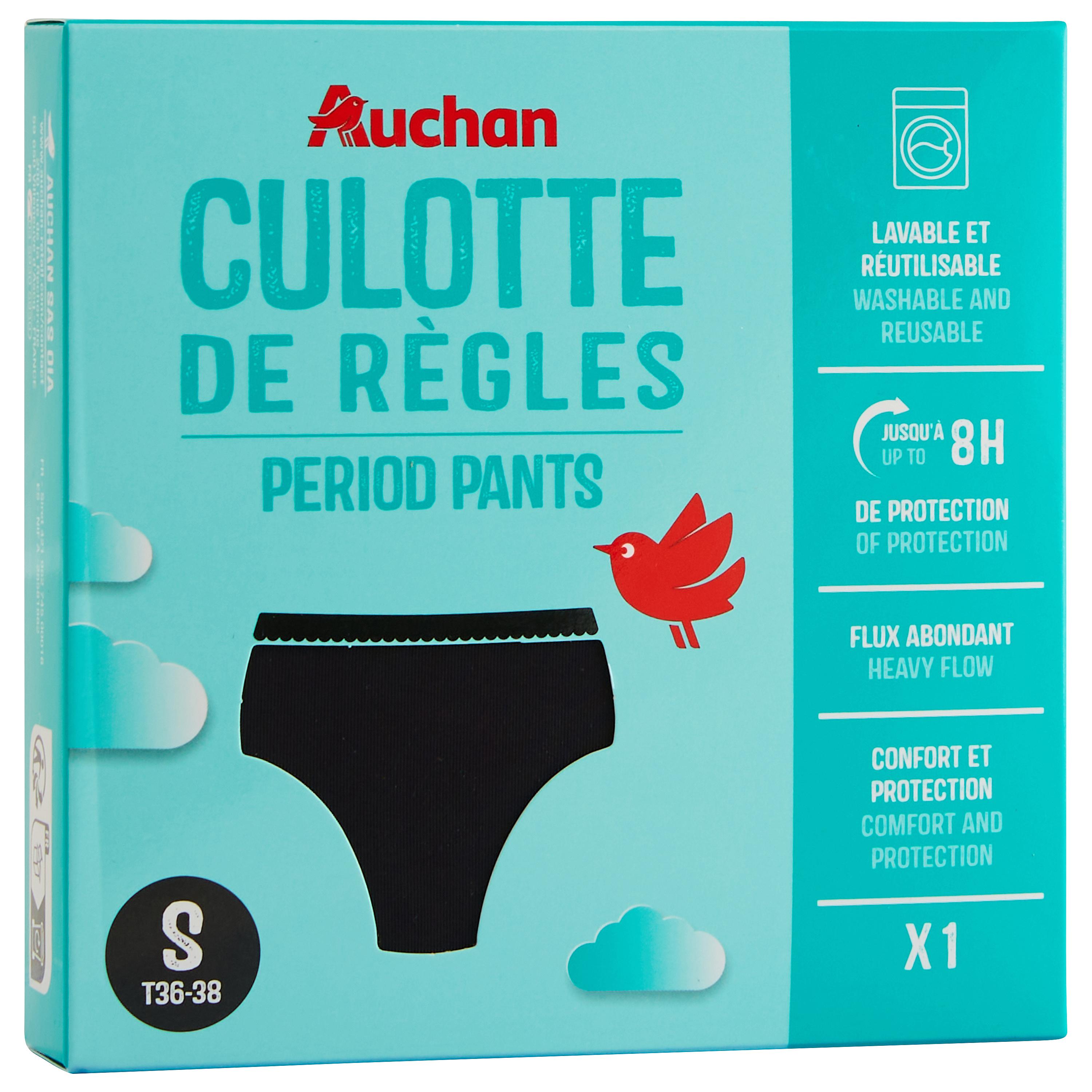 Voir la diapositive 2 : AUCHAN Culotte périodique flux élevé taille S noire 1 culotte